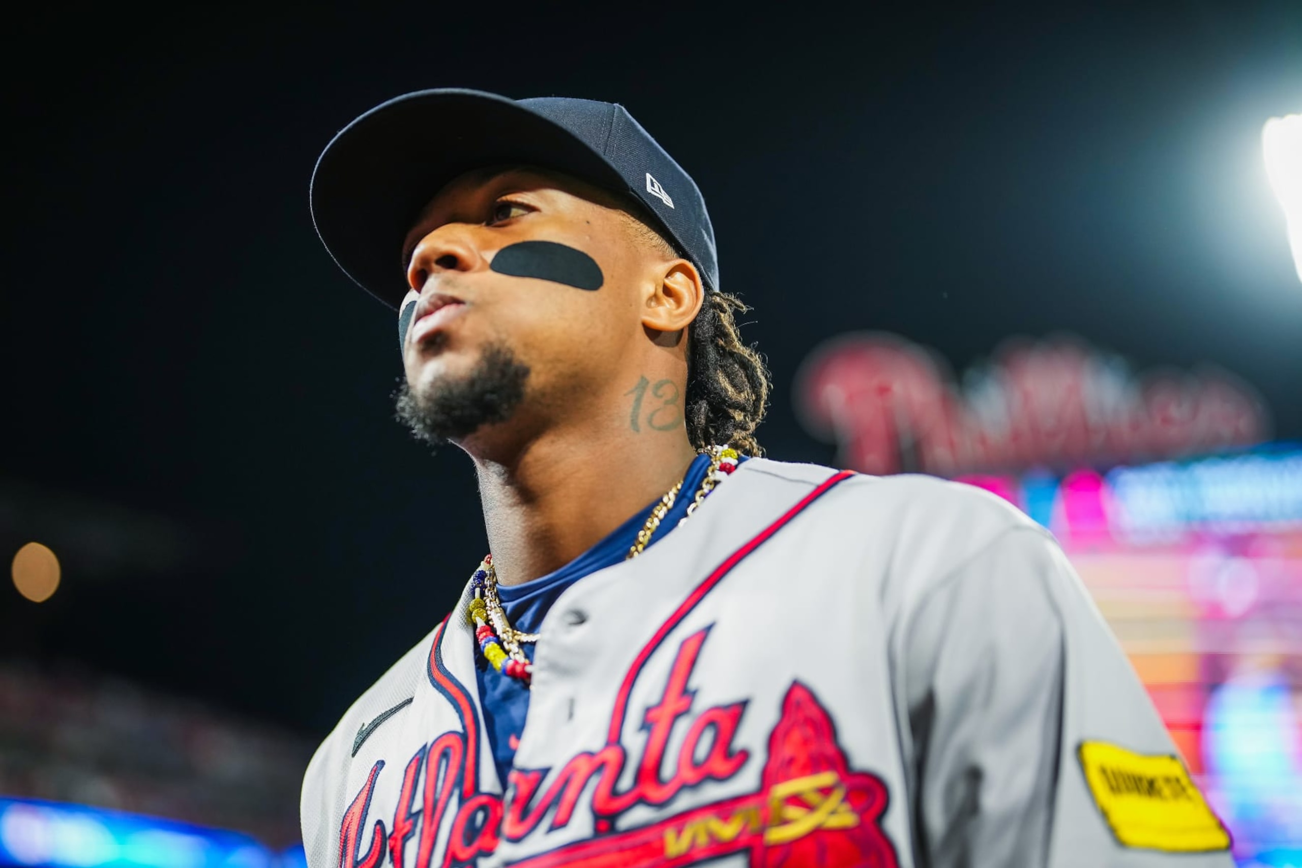 PHILADELPHIA, PENNSYLVANIA - OCTOBER 12: Ronald Acuna Jr. #13 of the Atlanta Braves looks on before Game Four of the Division Series against the Philadelphia Phillies at Citizens Bank Park on October 12, 2023 in Philadelphia, Pennsylvania. (Photo by Kevin D. Liles/Atlanta Braves/Getty Images) PHILADELPHIA, PENNSYLVANIA - OCTOBER 12: Ronald Acuna Jr. #13 of the Atlanta Braves looks on before Game Four of the Division Series against the Philadelphia Phillies at Citizens Bank Park on October 12, 2023 in Philadelphia, Pennsylvania. (Photo by Kevin D. Liles/Atlanta Braves/Getty Images)