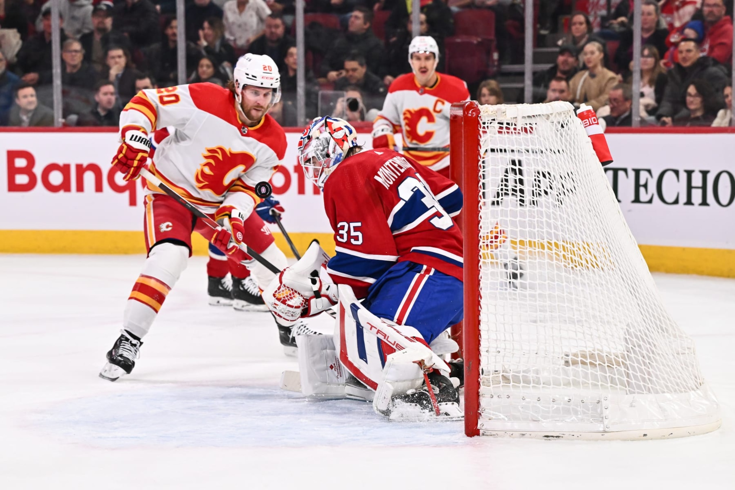 MONTREAL, CANADA - NOVEMBER 14: Goaltender Sam Montembeault #35 of the Montreal Canadiens makes a save during the first period against the Calgary Flames at the Bell Centre on November 14, 2023 in Montreal, Quebec, Canada. (Photo by Minas Panagiotakis/Getty Images) MONTREAL, CANADA - NOVEMBER 14: Goaltender Sam Montembeault #35 of the Montreal Canadiens makes a save during the first period against the Calgary Flames at the Bell Centre on November 14, 2023 in Montreal, Quebec, Canada. (Photo by Minas Panagiotakis/Getty Images)