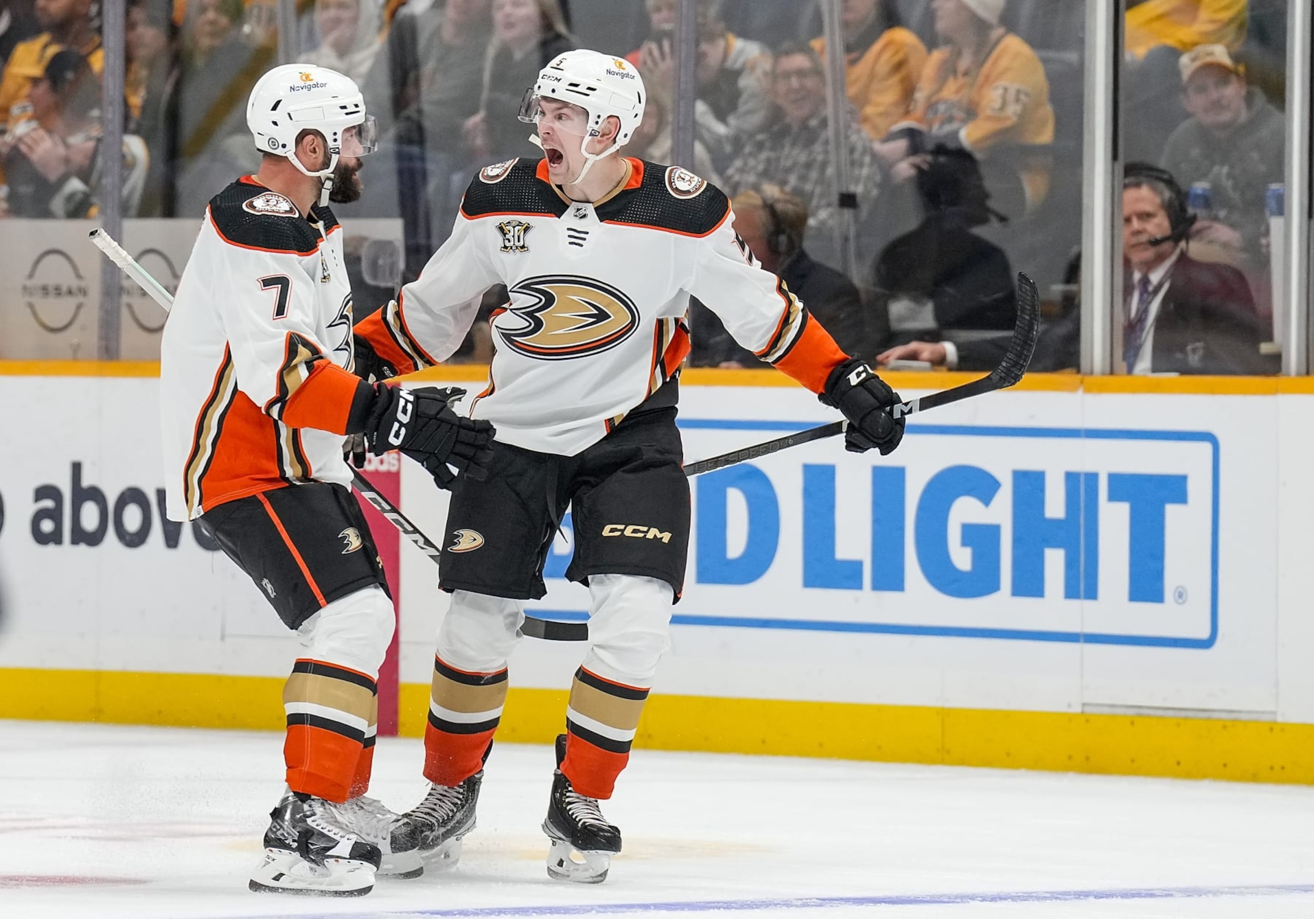 NASHVILLE, TENNESSEE - NOVEMBER 14: Urho Vaakanainen #5 celebrates his goal with Radko Gudas #7 of the Anaheim Ducks against the Nashville Predators during an NHL game at Bridgestone Arena on November 14, 2023 in Nashville, Tennessee. (Photo by John Russell/NHLI via Getty Images) NASHVILLE, TENNESSEE - NOVEMBER 14: Urho Vaakanainen #5 celebrates his goal with Radko Gudas #7 of the Anaheim Ducks against the Nashville Predators during an NHL game at Bridgestone Arena on November 14, 2023 in Nashville, Tennessee. (Photo by John Russell/NHLI via Getty Images)