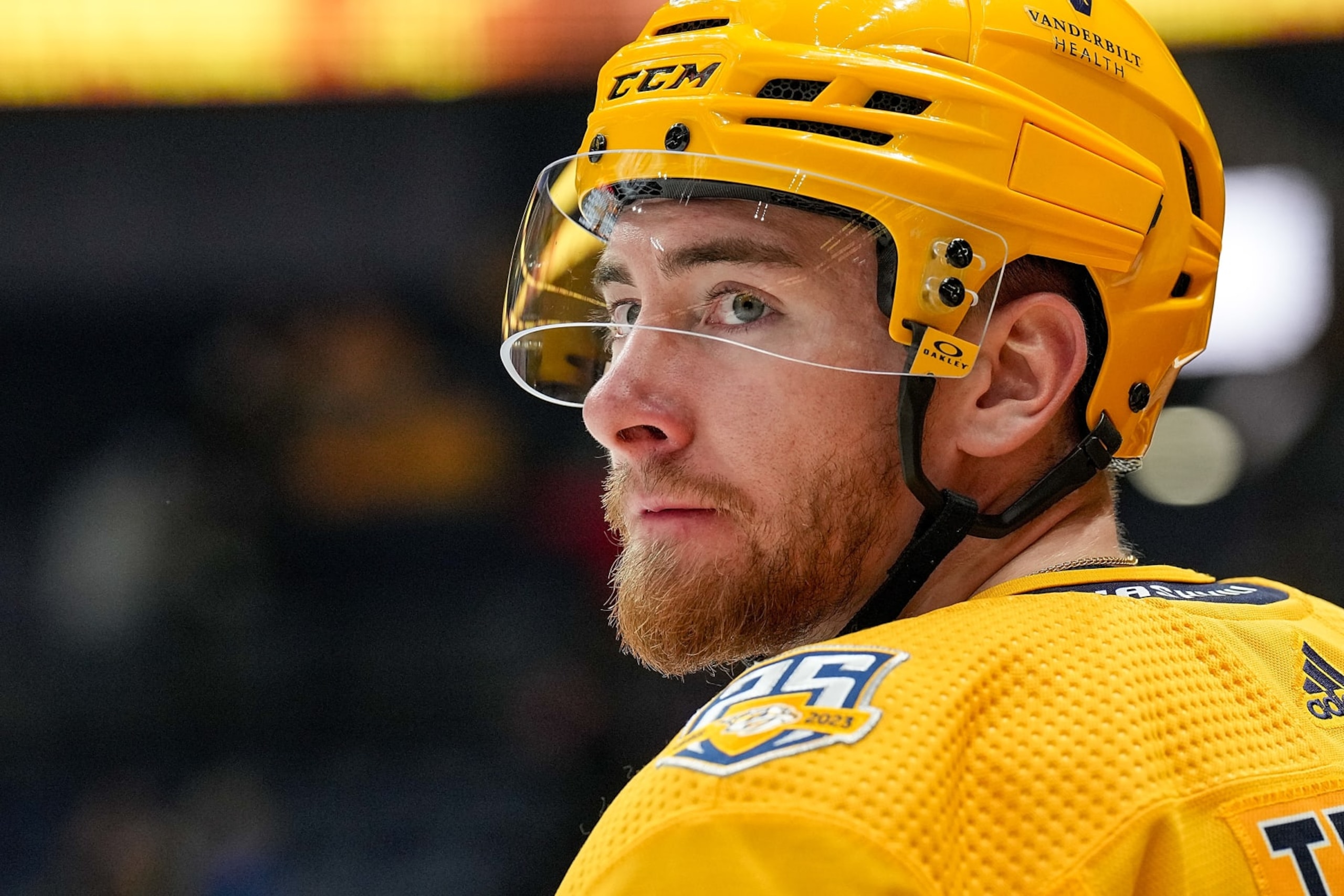 NASHVILLE, TENNESSEE - NOVEMBER 14: Yakov Trenin #13 of the Nashville Predators warms up prior to a game against the Anaheim Ducks at Bridgestone Arena on November 14, 2023 in Nashville, Tennessee. (Photo by John Russell/NHLI via Getty Images) NASHVILLE, TENNESSEE - NOVEMBER 14: Yakov Trenin #13 of the Nashville Predators warms up prior to a game against the Anaheim Ducks at Bridgestone Arena on November 14, 2023 in Nashville, Tennessee. (Photo by John Russell/NHLI via Getty Images)