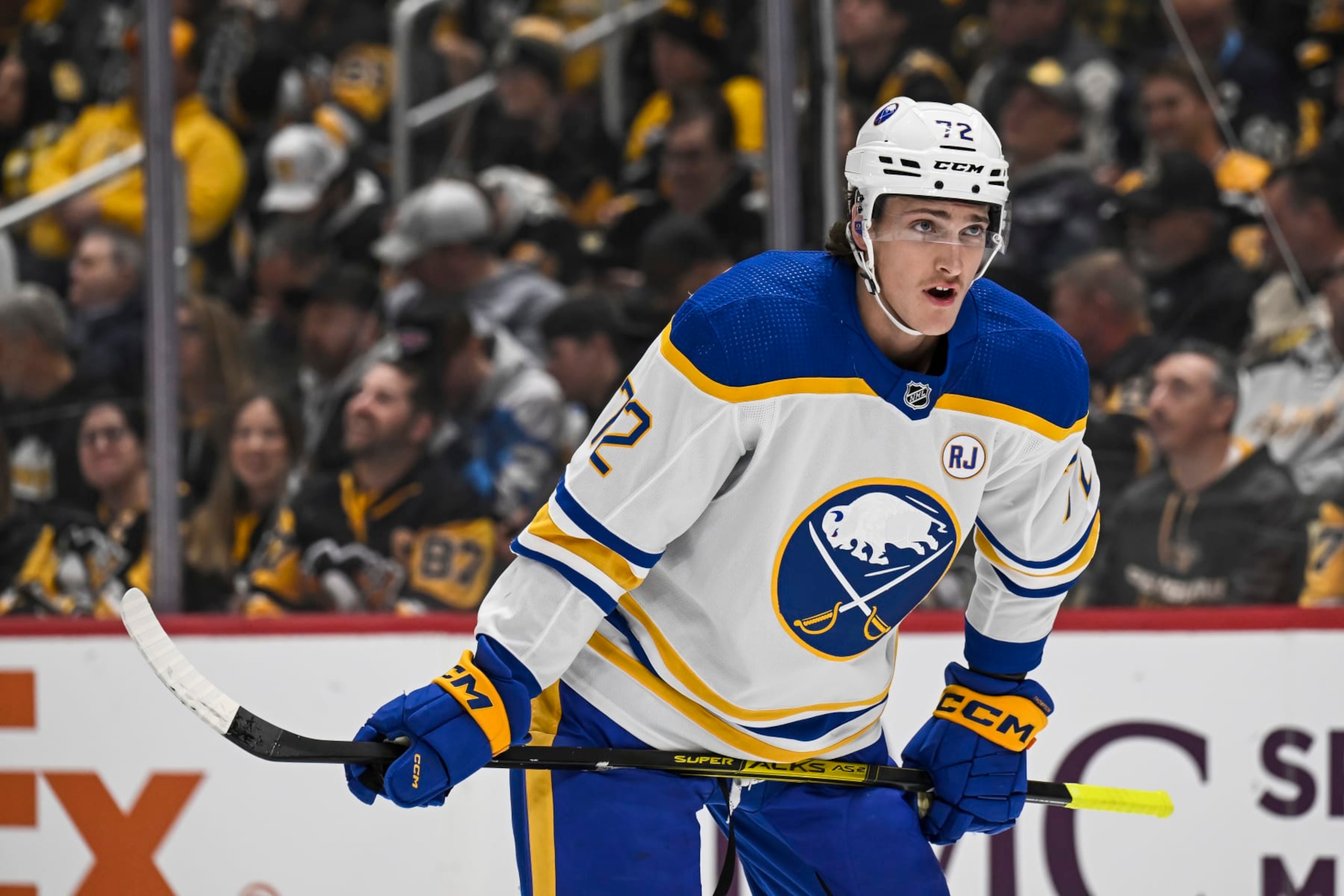 PITTSBURGH, PA - NOVEMBER 11: Buffalo Sabres Center Tage Thompson (72) looks on during the first period in the NHL game between the Pittsburgh Penguins and the Buffalo Sabres on November 11, 2023, at PPG Paints Arena in Pittsburgh, PA. (Photo by Jeanine Leech/Icon Sportswire via Getty Images) PITTSBURGH, PA - NOVEMBER 11: Buffalo Sabres Center Tage Thompson (72) looks on during the first period in the NHL game between the Pittsburgh Penguins and the Buffalo Sabres on November 11, 2023, at PPG Paints Arena in Pittsburgh, PA. (Photo by Jeanine Leech/Icon Sportswire via Getty Images)
