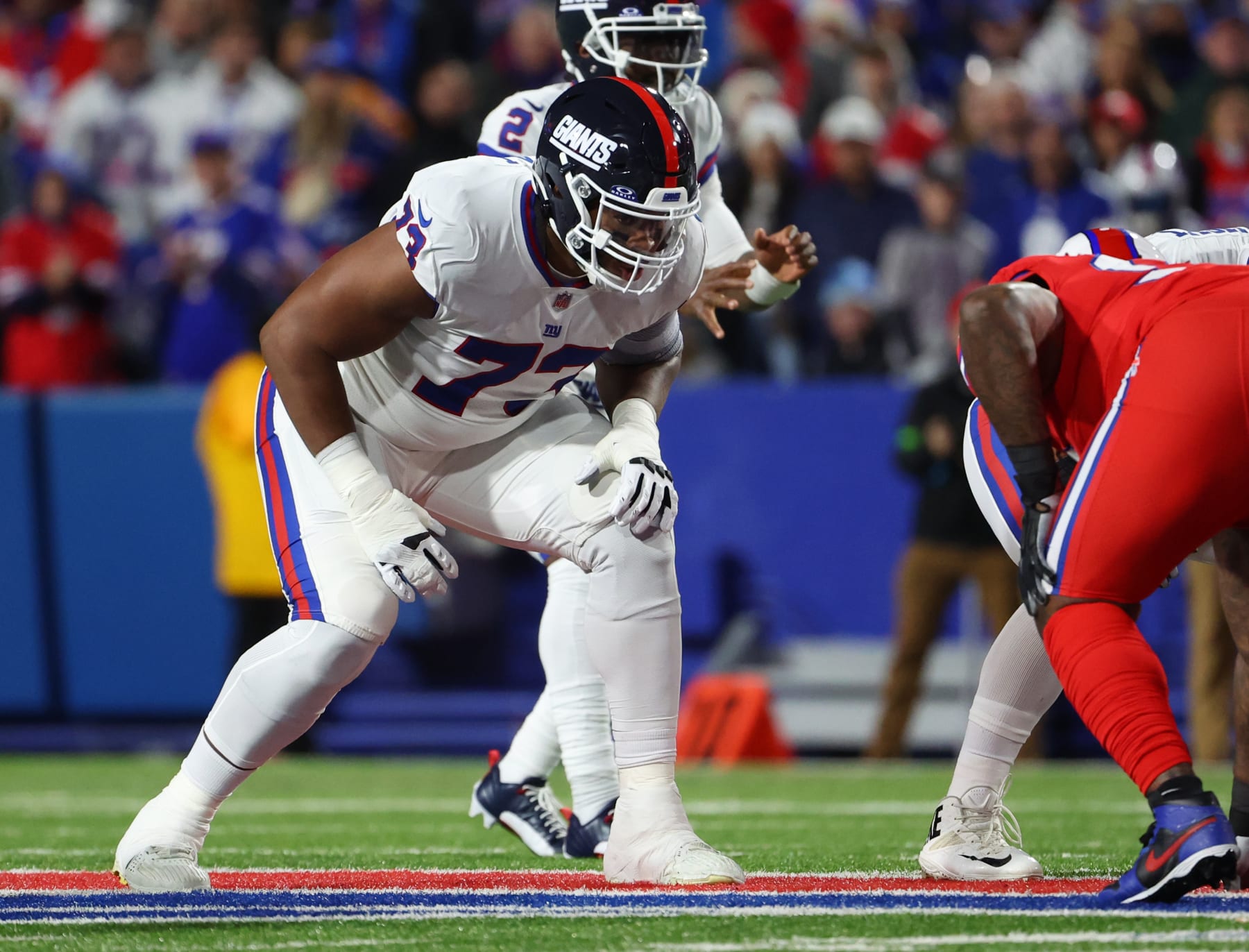 ORCHARD PARK, NEW YORK - OCTOBER 15: Evan Neal #73 of the New York Giants against the Buffalo Bills at Highmark Stadium on October 15, 2023 in Orchard Park, New York. (Photo by Timothy T Ludwig/Getty Images)
