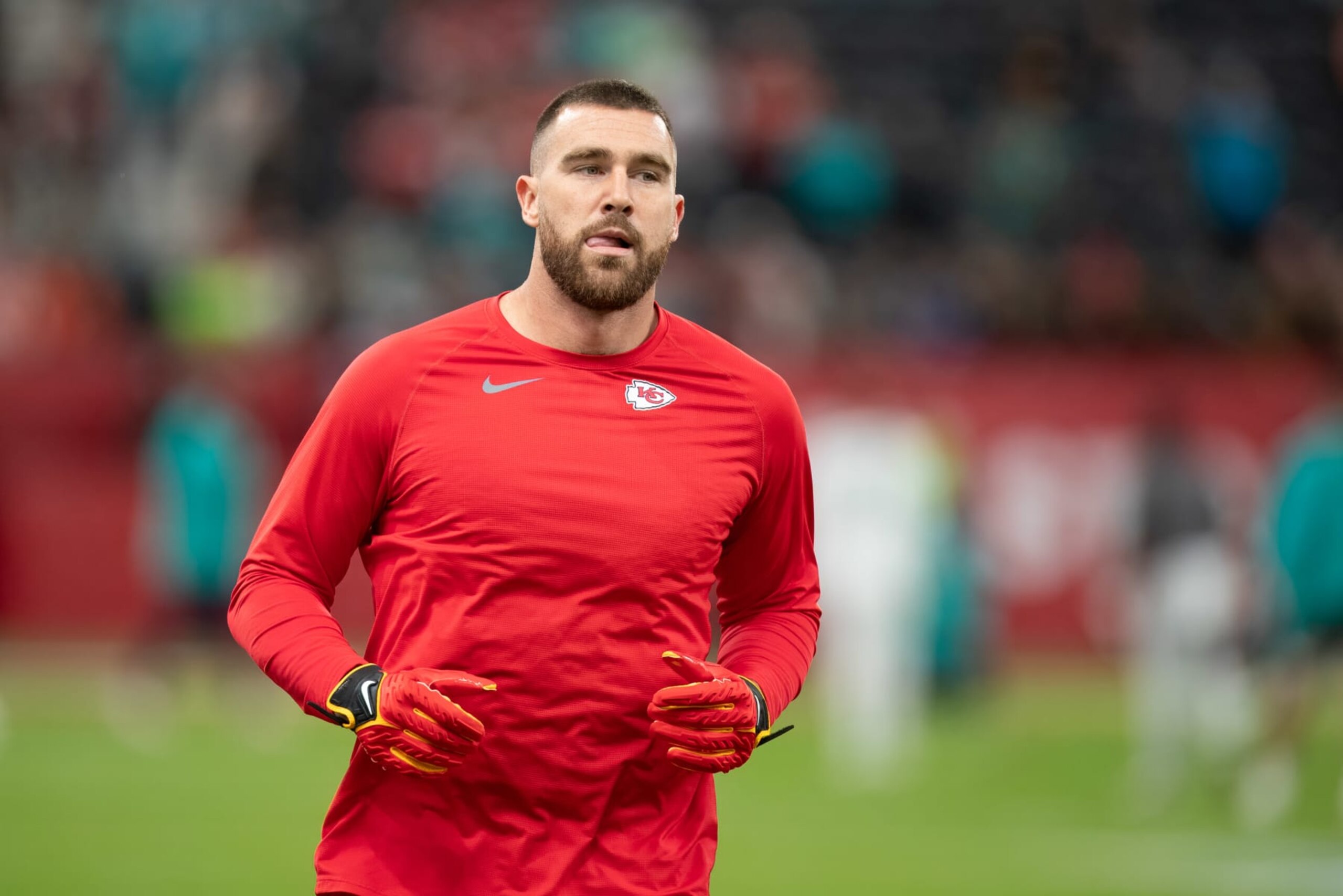 FRANKFURT AM MAIN, GERMANY - NOVEMBER 5: Travis Kelce of Kansas City Chiefs looks on during the NFL match between Miami Dolphins and Kansas City Chiefs at Deutsche Bank Park on November 5, 2023 in Frankfurt am Main, Germany. (Photo by Mario Hommes/DeFodi Images via Getty Images)