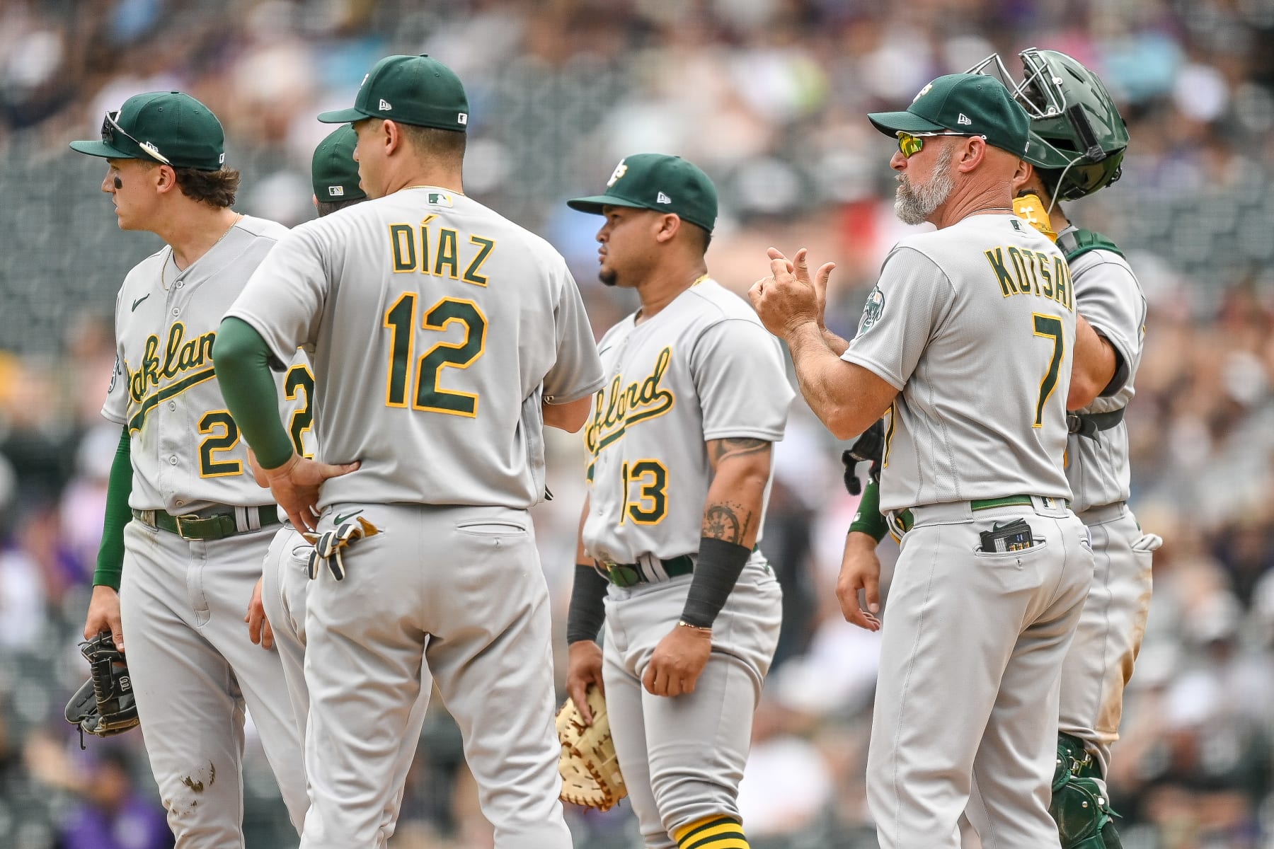 DENVER, CO - JULY 30: Mark Kotsay #7 of the Oakland Athletics waits on the mound after making a pitching chasnge in the sixth inning against the Colorado Rockies at Coors Field on July 30, 2023 in Denver, Colorado. (Photo by Dustin Bradford/Getty Images)