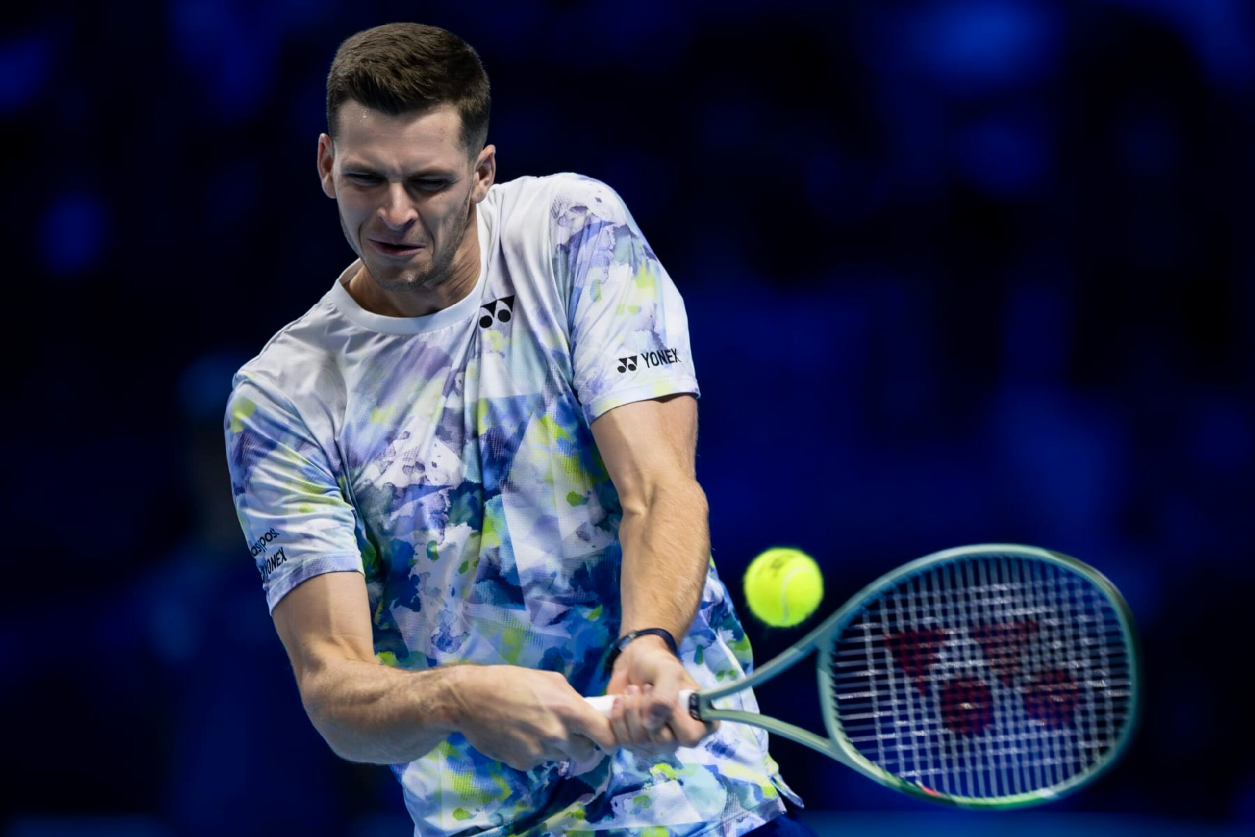 PALA ALPITOUR, TURIN, ITALY - 2023/11/14: Hubert Hurkacz of Poland plays a backhand during the exhibition singles match against Taylor Fritz of USA during day three of the Nitto ATP Finals. (Photo by Nicolò Campo/LightRocket via Getty Images)