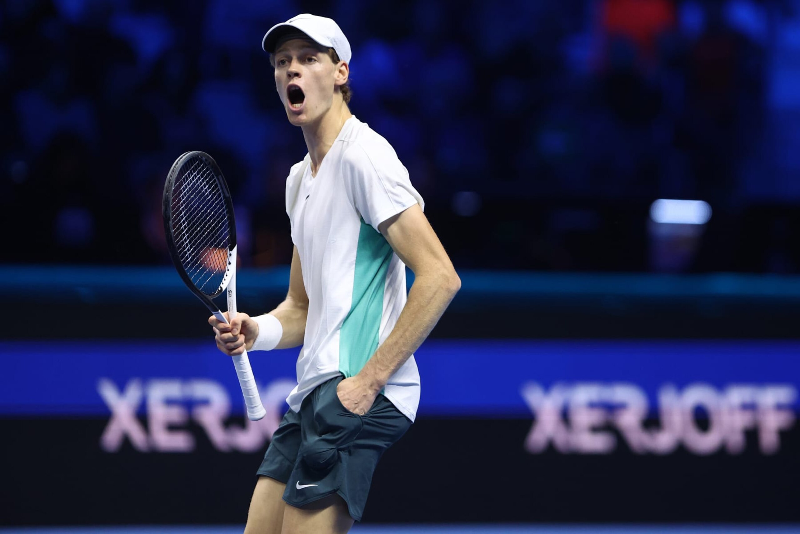 PALA ALPITOUR, TORINO, ITALY - 2023/11/15: Jannik Sinner of Italy celebrates during the Round Robin singles match between Novak Djokovic of Serbia and Jannik Sinner of Italy on Day three of the Nitto ATP World Tour Finals.  Jannik Sinner wins 7-5, 6-7, 7-6 over Novak Djokovic. (Photo by Marco Canoniero/LightRocket via Getty Images)