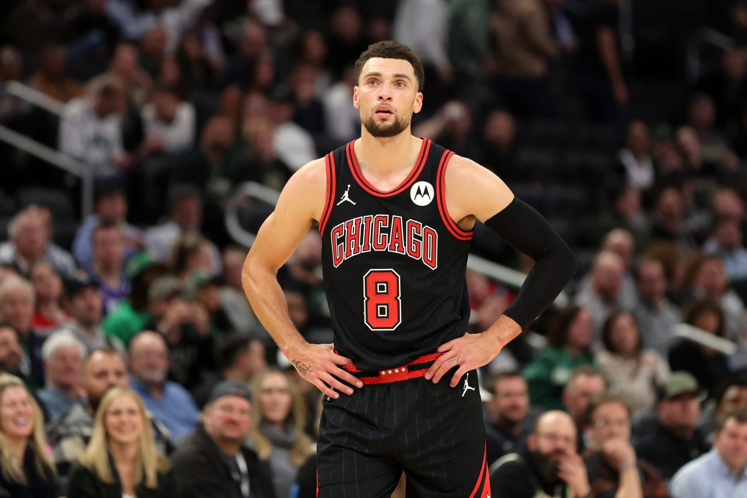 MILWAUKEE, WISCONSIN - NOVEMBER 13: Zach LaVine #8 of the Chicago Bulls waits for a free throw during a game against the Milwaukee Bucks at Fiserv Forum on November 13, 2023 in Milwaukee, Wisconsin. NOTE TO USER: User expressly acknowledges and agrees that, by downloading and or using this photograph, User is consenting to the terms and conditions of the Getty Images License Agreement. (Photo by Stacy Revere/Getty Images)
