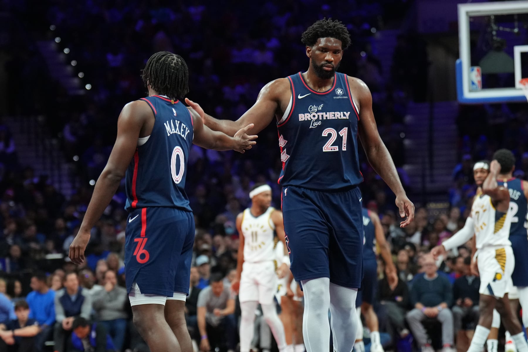 PHILADELPHIA, PA - NOVEMBER 14: Tyrese Maxey #0 and Joel Embiid #21 of the Philadelphia 76ers high five during the game against the Indiana Pacers during the In-Season Tournament on November 14, 2023 at the Wells Fargo Center in Philadelphia, Pennsylvania NOTE TO USER: User expressly acknowledges and agrees that, by downloading and/or using this Photograph, user is consenting to the terms and conditions of the Getty Images License Agreement. Mandatory Copyright Notice: Copyright 2023 NBAE (Photo by Jesse D. Garrabrant/NBAE via Getty Images)