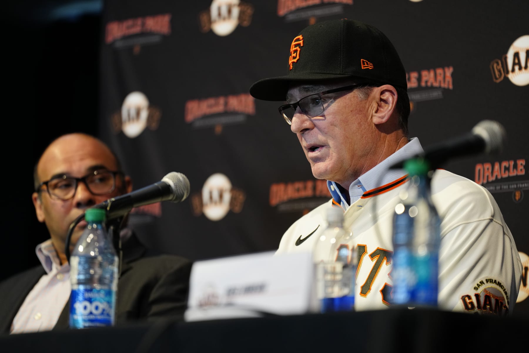 SAN FRANCISCO, CALIFORNIA - OCTOBER 25:  Bob Melvin (6) of the San Francisco Giants speaks during a press conference announcing his being hired as manager at Oracle Park on October 25, 2023 in San Francisco, California. (Photo by Suzanna Mitchell/San Francisco Giants/Getty Images)