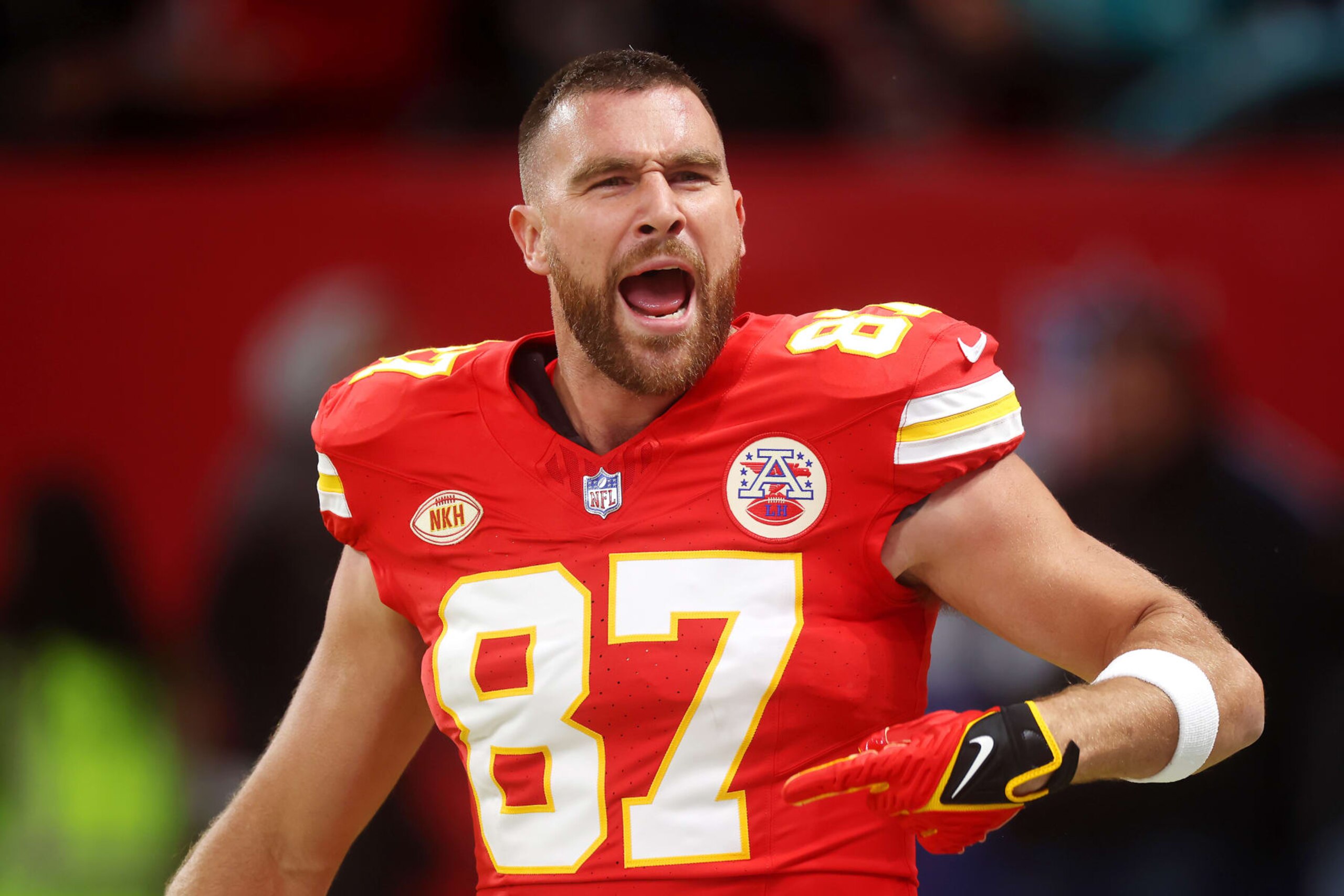 FRANKFURT AM MAIN, GERMANY - NOVEMBER 05: Travis Kelce #87 of the Kansas City Chiefs reacts prior to the NFL match between Miami Dolphins and Kansas City Chiefs at Deutsche Bank Park on November 05, 2023 in Frankfurt am Main, Germany. (Photo by Alex Grimm/Getty Images)
