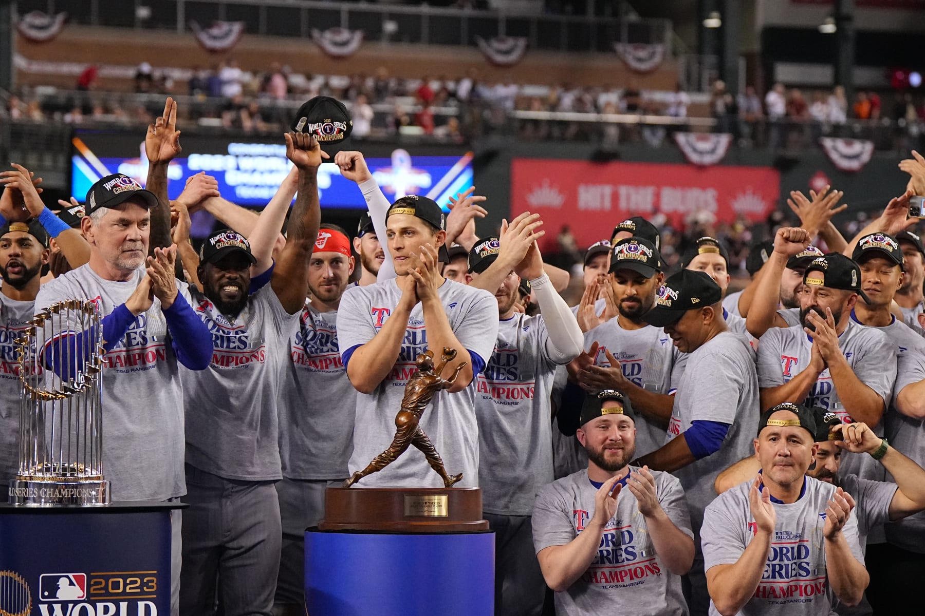 Baseball: World Series: Texas Rangers Corey Seager (5) victorious with the Willie Mays Most Valuable Player award after winning game and series vs Arizona Diamondbacks at Chase Field. Game 5. 
Phoenix, AZ 11/1/2023
CREDIT: Erick W. Rasco (Photo by Erick W. Rasco/Sports Illustrated via Getty Images) 
(Set Number: X164452 TK1)