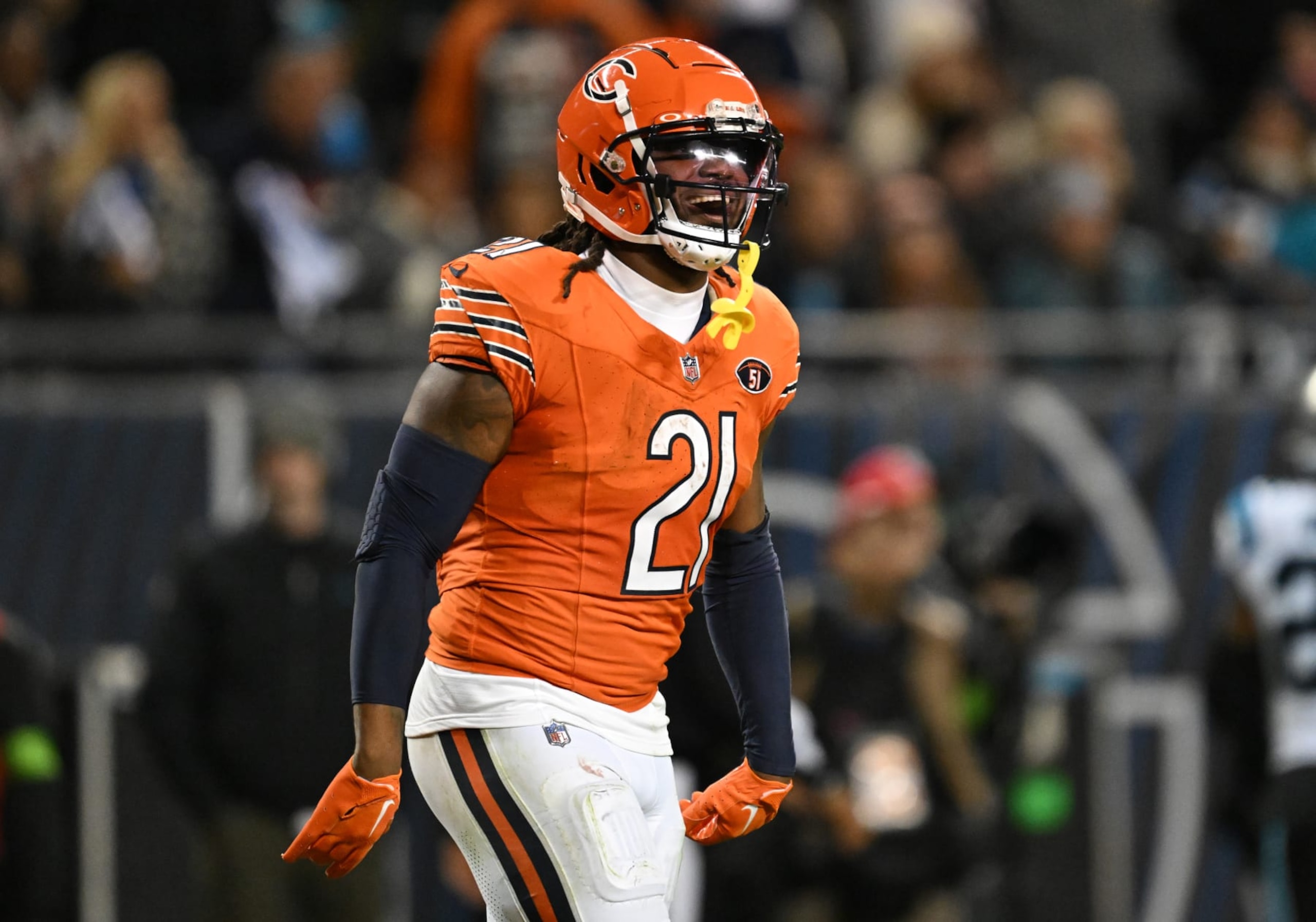 CHICAGO, ILLINOIS - NOVEMBER 09: D'Onta Foreman #21 of the Chicago Bears celebrates after a touchdown during the third quarter against the Carolina Panthers at Soldier Field on November 09, 2023 in Chicago, Illinois. (Photo by Quinn Harris/Getty Images)