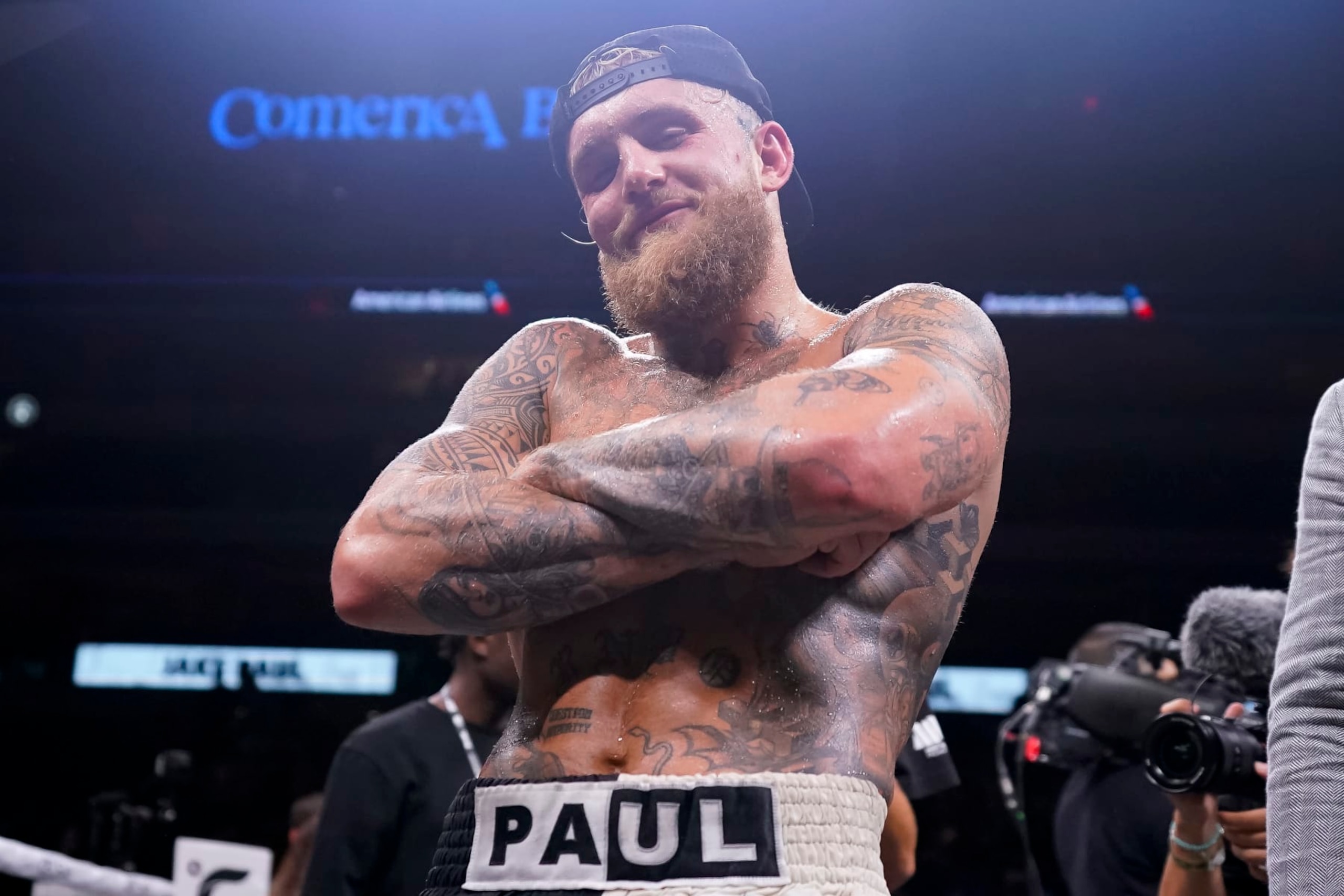 DALLAS, TEXAS - AUGUST 05: Jake Paul poses for a photo after defeating Nate Diaz at the American Airlines Center on August 05, 2023 in Dallas, Texas. (Photo by Sam Hodde/Getty Images)