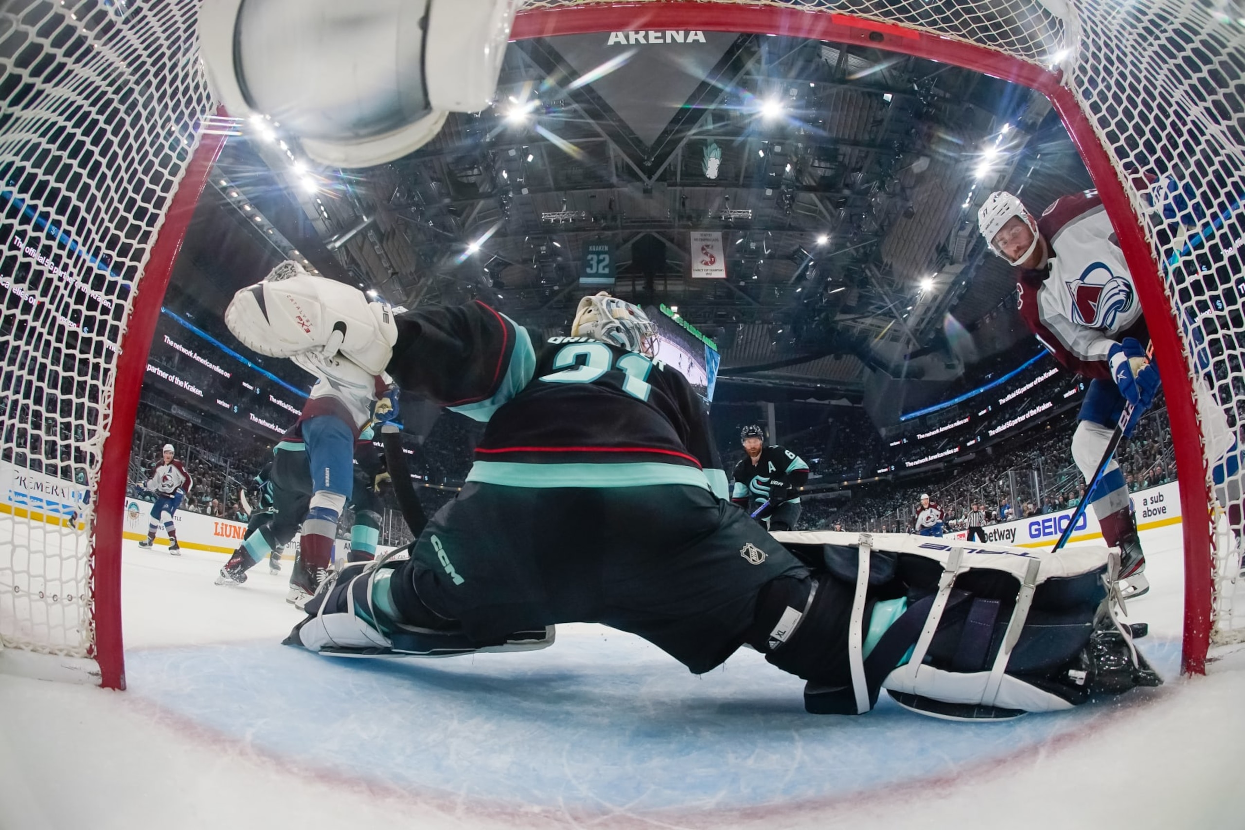 SEATTLE, WASHINGTON - APRIL 28: Philipp Grubauer #31 of the Seattle Kraken makes a pad save on J.T. Compher #37 of the Colorado Avalanche on a power-play during the second period in Game Six of the First Round of the 2023 Stanley Cup Playoffs at Climate Pledge Arena on April 28, 2023 in Seattle, Washington. (Photo by Christopher Mast/NHLI via Getty Images) SEATTLE, WASHINGTON - APRIL 28: Philipp Grubauer #31 of the Seattle Kraken makes a pad save on J.T. Compher #37 of the Colorado Avalanche on a power-play during the second period in Game Six of the First Round of the 2023 Stanley Cup Playoffs at Climate Pledge Arena on April 28, 2023 in Seattle, Washington. (Photo by Christopher Mast/NHLI via Getty Images)