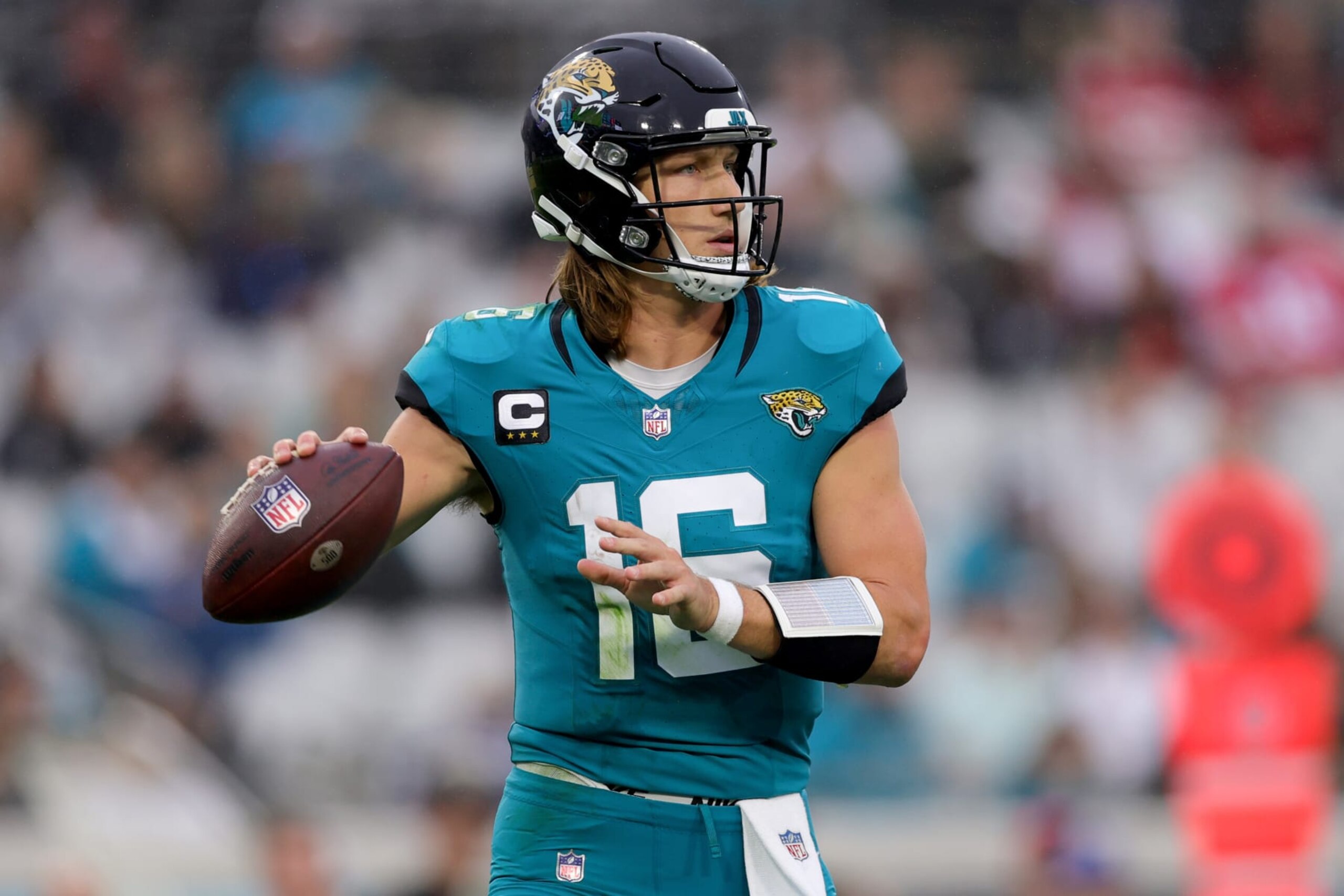 JACKSONVILLE, FLORIDA - NOVEMBER 12: Trevor Lawrence #16 of the Jacksonville Jaguars looks to pass against the San Francisco 49ers during the second half at EverBank Stadium on November 12, 2023 in Jacksonville, Florida. (Photo by Megan Briggs/Getty Images)
