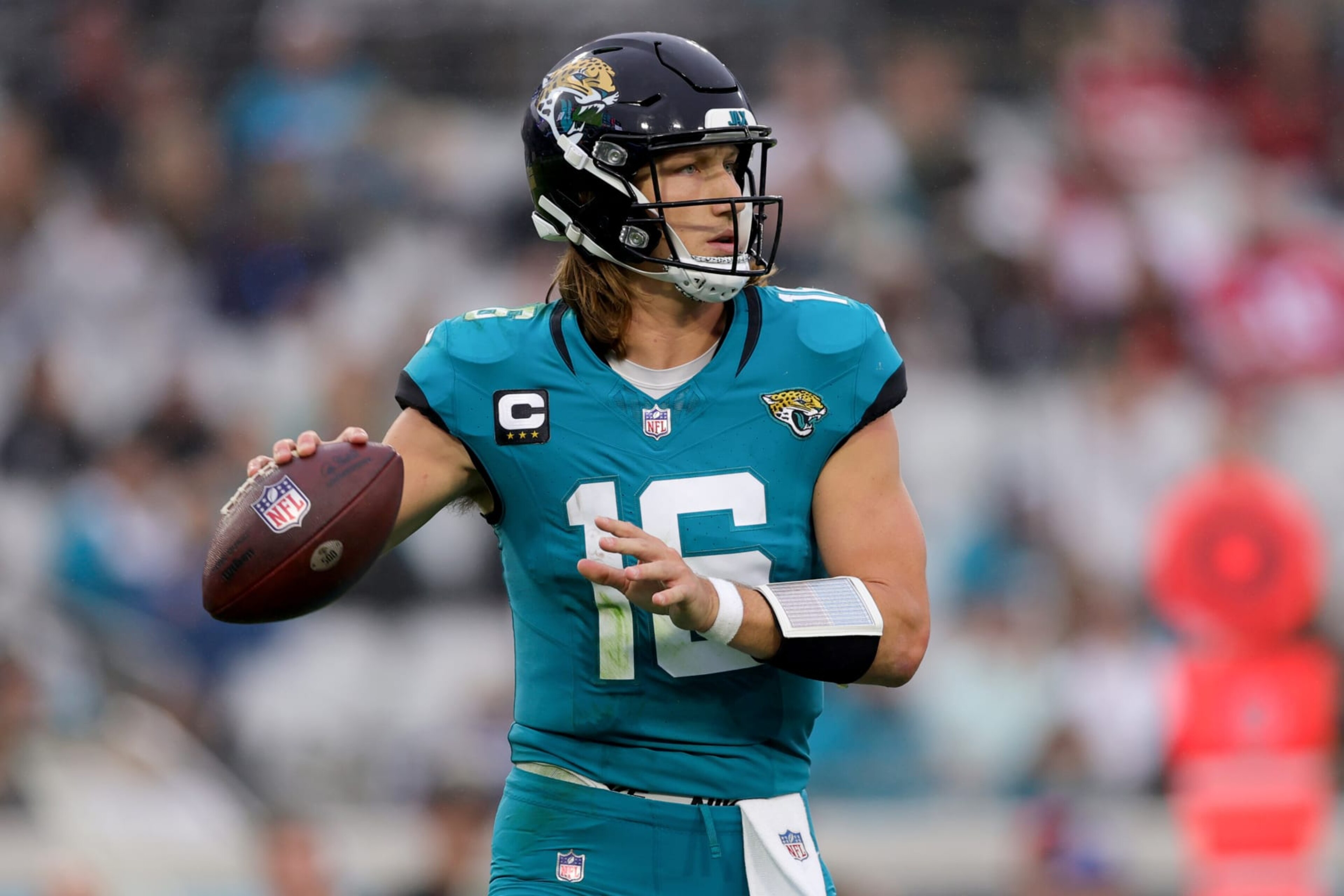 JACKSONVILLE, FLORIDA - NOVEMBER 12: Trevor Lawrence #16 of the Jacksonville Jaguars looks to pass against the San Francisco 49ers during the second half at EverBank Stadium on November 12, 2023 in Jacksonville, Florida. (Photo by Megan Briggs/Getty Images)
