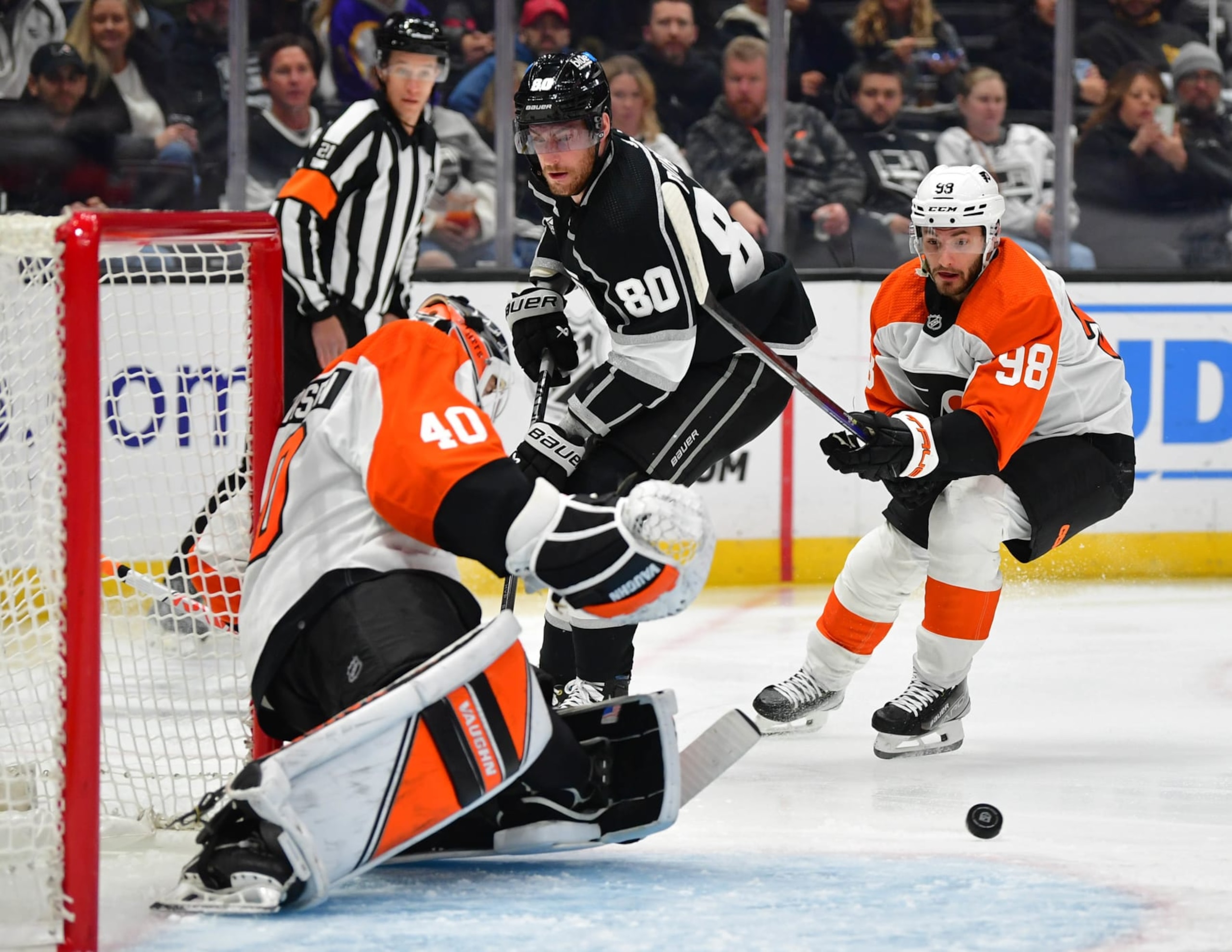 LOS ANGELES, CA - NOVEMBER 11: Cal Petersen #40 of the Philadelphia Flyers protects the goal with pressure from Pierre-Luc Dubois #80 of the Los Angeles Kings during the first period at Crypto.com Arena on November 11, 2023 in Los Angeles, California. (Photo by Gary A. Vasquez/NHLI via Getty Images) LOS ANGELES, CA - NOVEMBER 11: Cal Petersen #40 of the Philadelphia Flyers protects the goal with pressure from Pierre-Luc Dubois #80 of the Los Angeles Kings during the first period at Crypto.com Arena on November 11, 2023 in Los Angeles, California. (Photo by Gary A. Vasquez/NHLI via Getty Images)