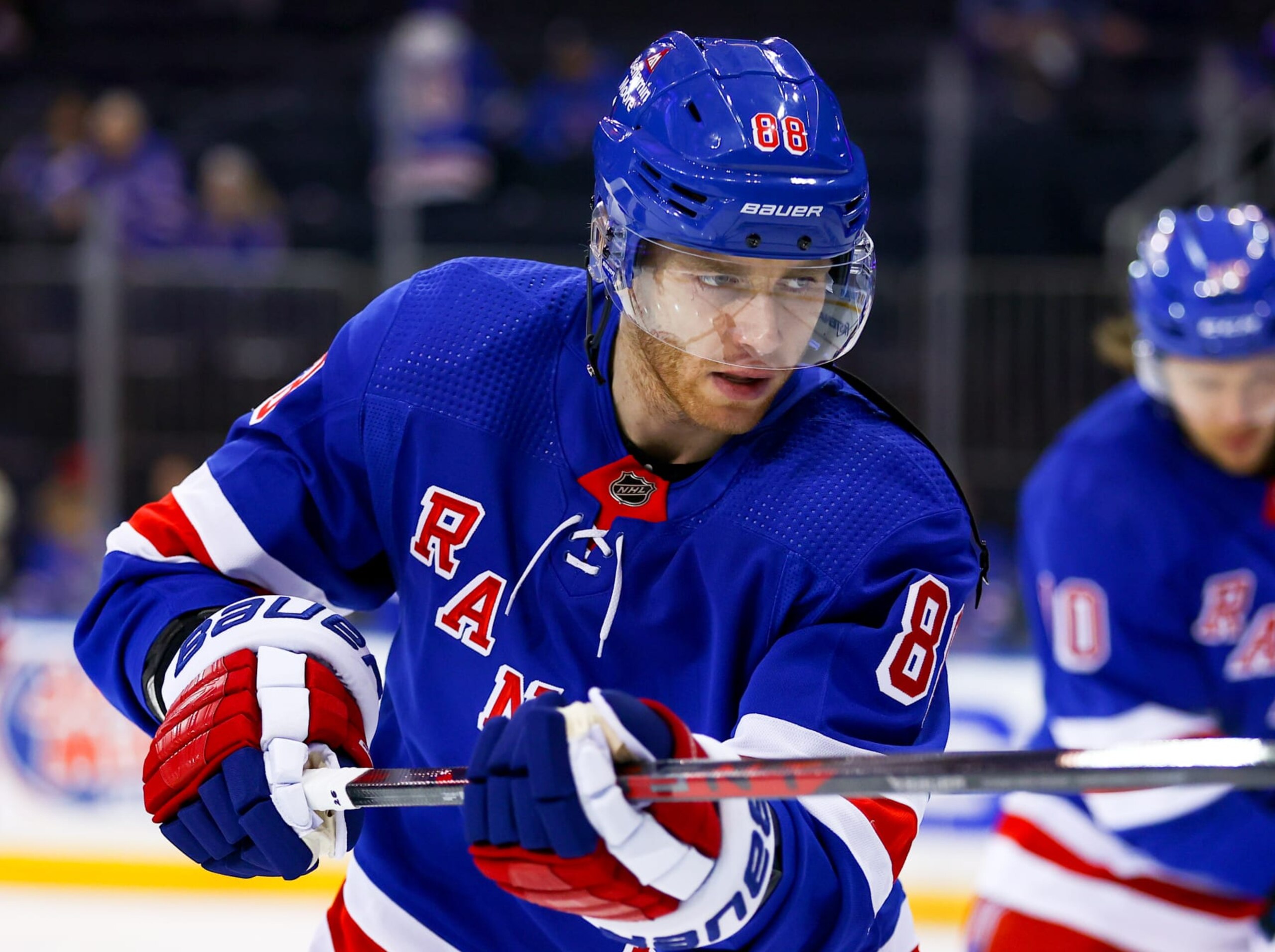 NEW YORK, NY - APRIL 24: New York Rangers Right Wing Patrick Kane (88) is pictured prior to Game 4 of the National Hockey League Eastern Conference First Round between the New Jersey Devils and the New York Rangers on April 24, 2023 at Madison Square Garden in New York, NY. (Photo by Joshua Sarner/Icon Sportswire via Getty Images)