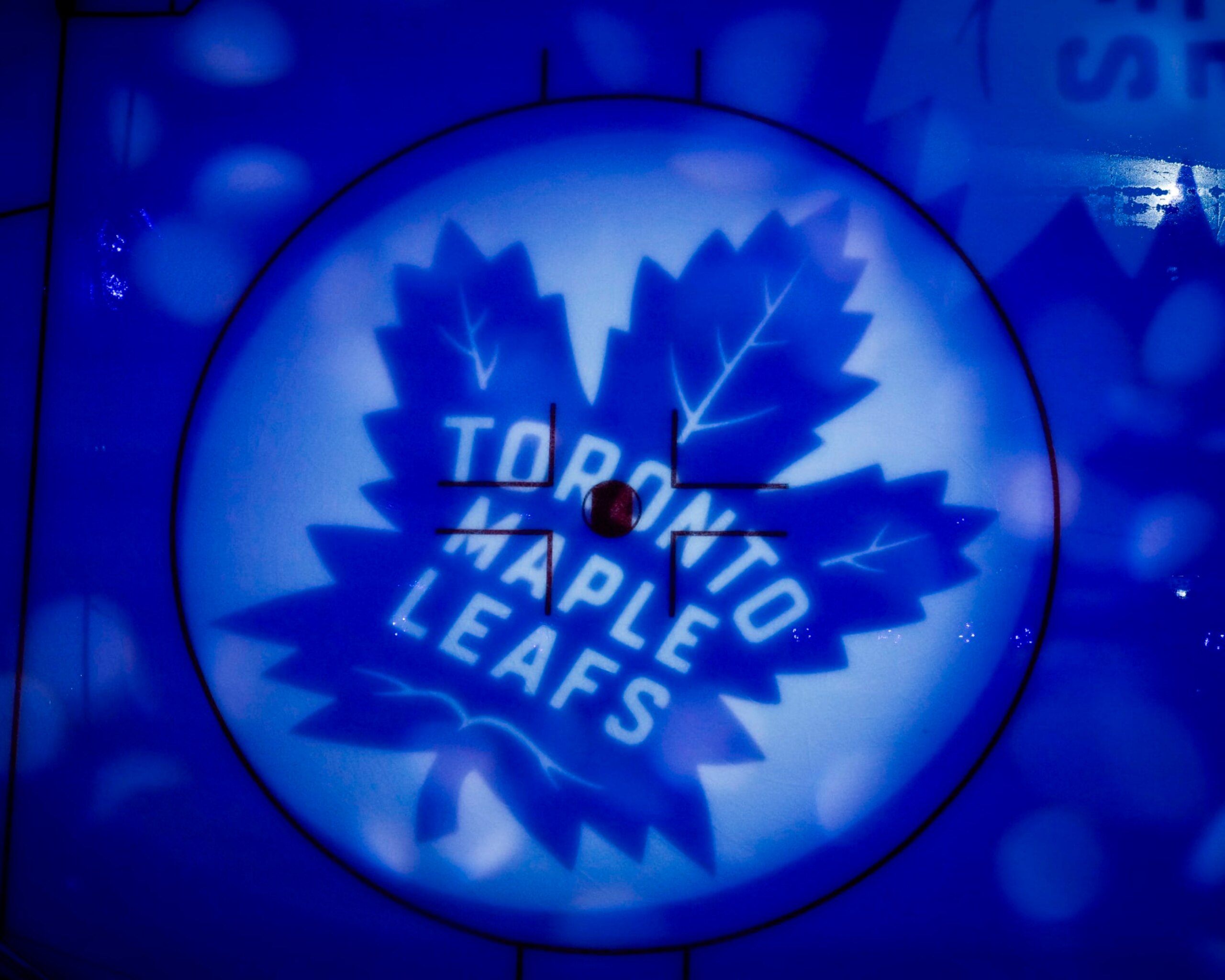 TORONTO, ON - OCTOBER 31: Toronto Maple Leafs logo on the ice during the first period at the Scotiabank Arena on October 31, 2023 in Toronto, Ontario, Canada. (Photo by Kevin Sousa/NHLI via Getty Images)