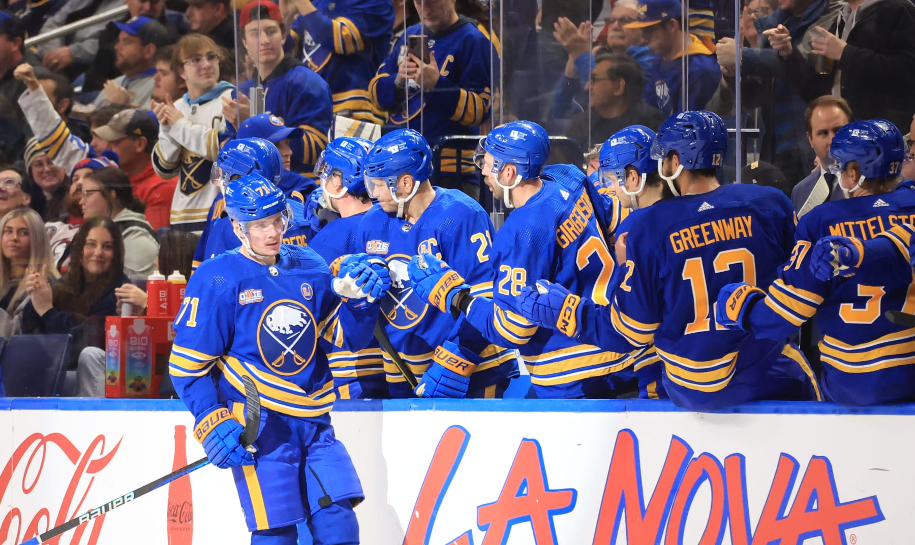 BUFFALO, NEW YORK - NOVEMBER 14: Victor Olofsson #71 of the Buffalo Sabres celebrates his second period goal against the Boston Bruins during an NHL game on November 14, 2023 at KeyBank Center in Buffalo, New York. (Photo by Bill Wippert/NHLI via Getty Images)
