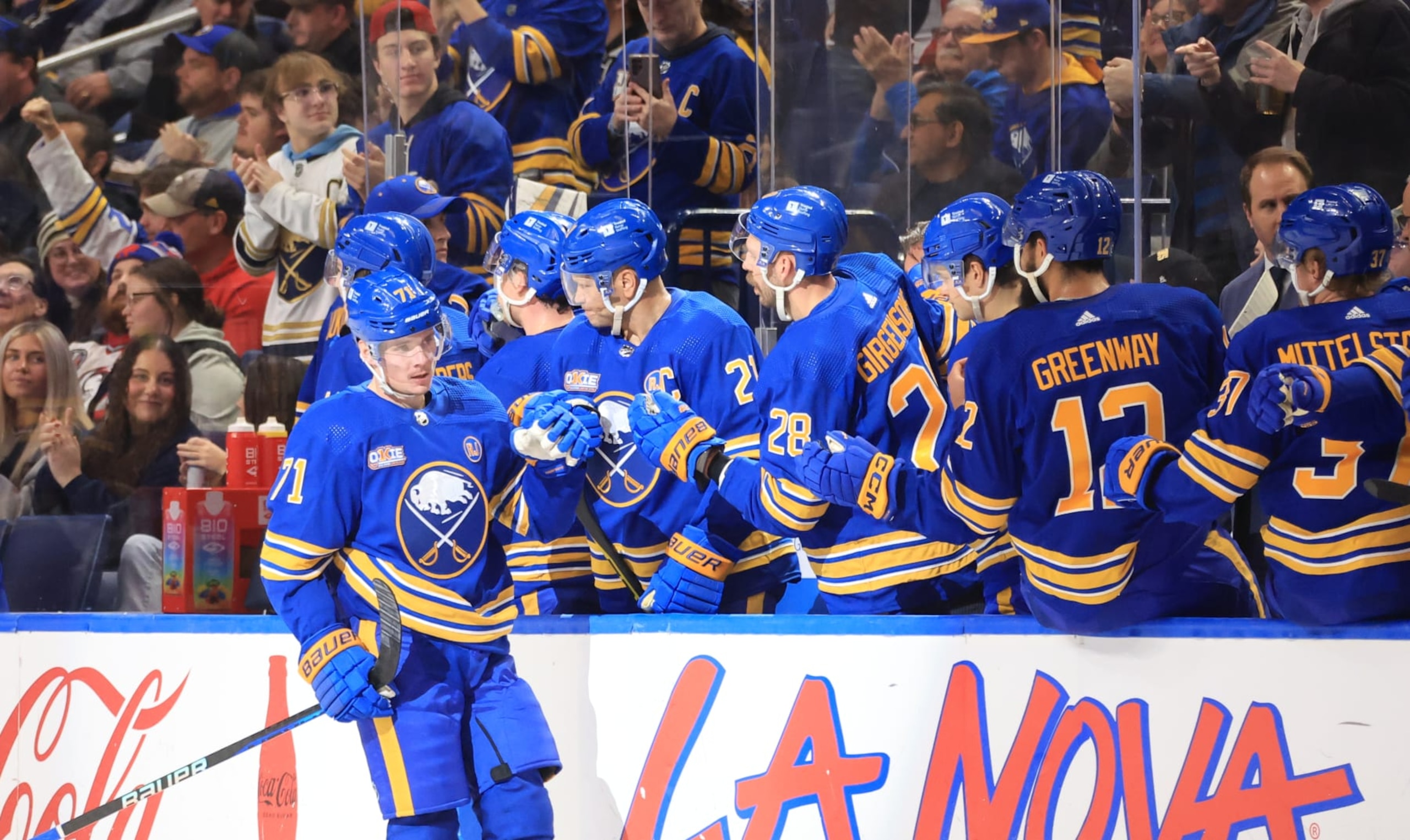 BUFFALO, NEW YORK - NOVEMBER 14: Victor Olofsson #71 of the Buffalo Sabres celebrates his second period goal against the Boston Bruins during an NHL game on November 14, 2023 at KeyBank Center in Buffalo, New York. (Photo by Bill Wippert/NHLI via Getty Images)