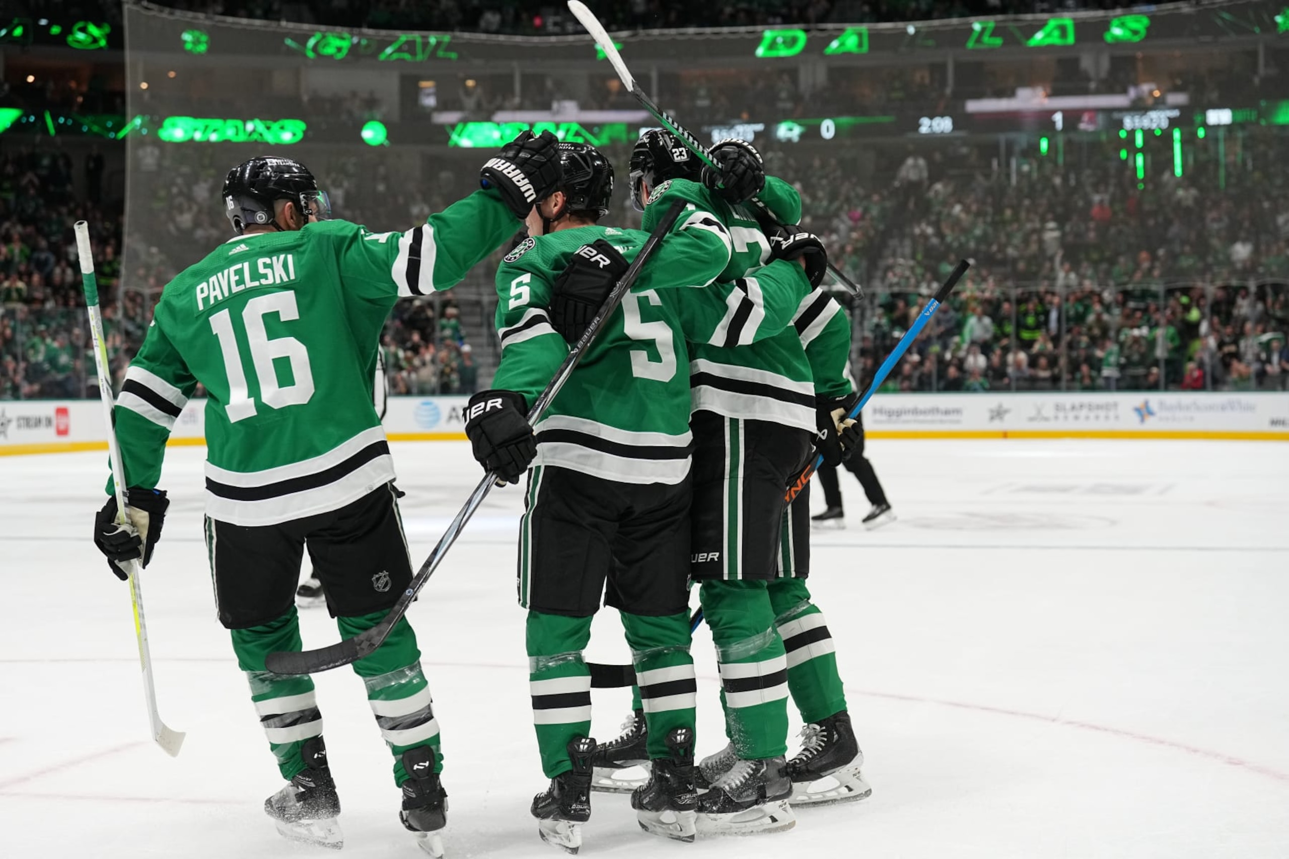 DALLAS, TX - NOVEMBER 14: Esa Lindell #23, Roope Hintz and Nils Lundkvist #5, Joe Pavelski #16 and the Dallas Stars celebrate a goal against the Arizona Coyotes at the American Airlines Center on November 14, 2023 in Dallas, Texas. (Photo by Glenn James/NHLI via Getty Images)