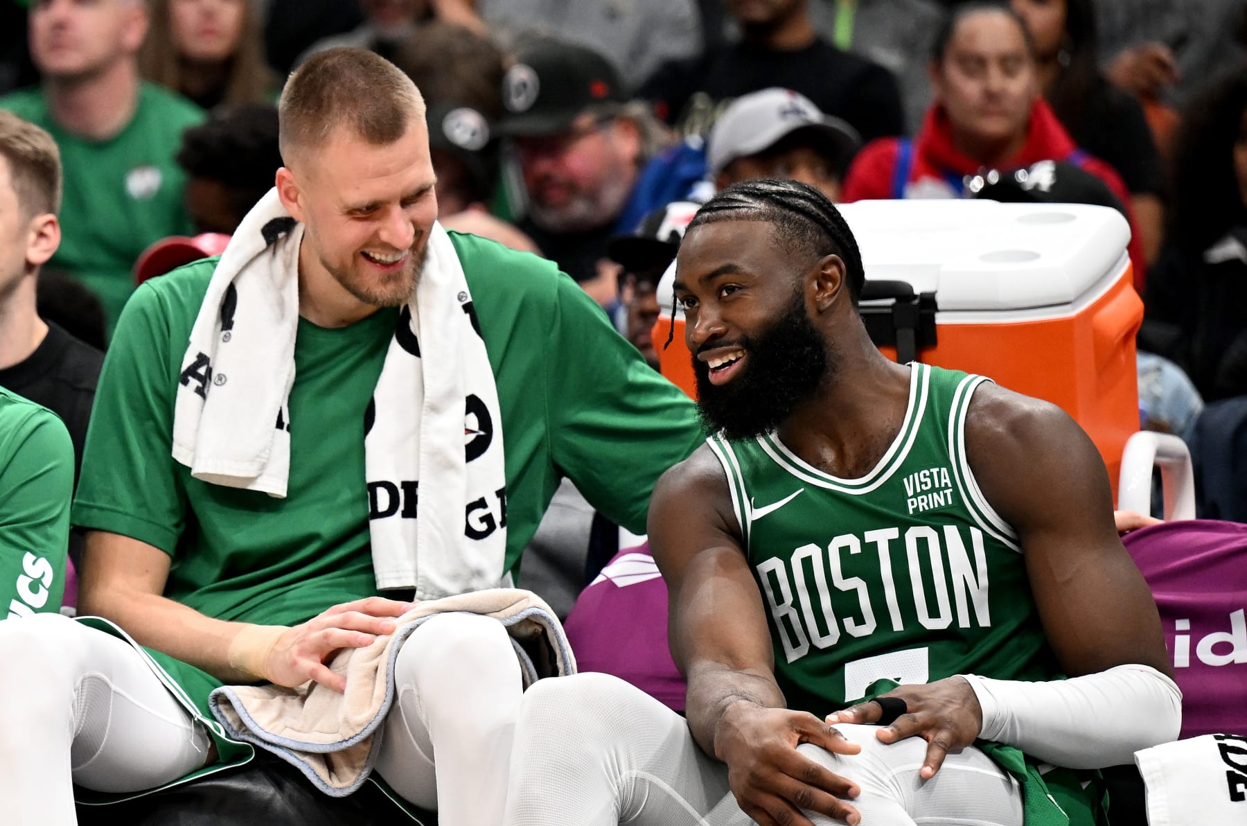 WASHINGTON, DC - OCTOBER 30: Kristaps Porzingis #8 and Jaylen Brown #7 of the Boston Celtics sit on the bench in the fourth quarter against the Washington Wizards at Capital One Arena on October 30, 2023 in Washington, DC.  NOTE TO USER: User expressly acknowledges and agrees that, by downloading and or using this photograph, User is consenting to the terms and conditions of the Getty Images License Agreement.  (Photo by Greg Fiume/Getty Images)
