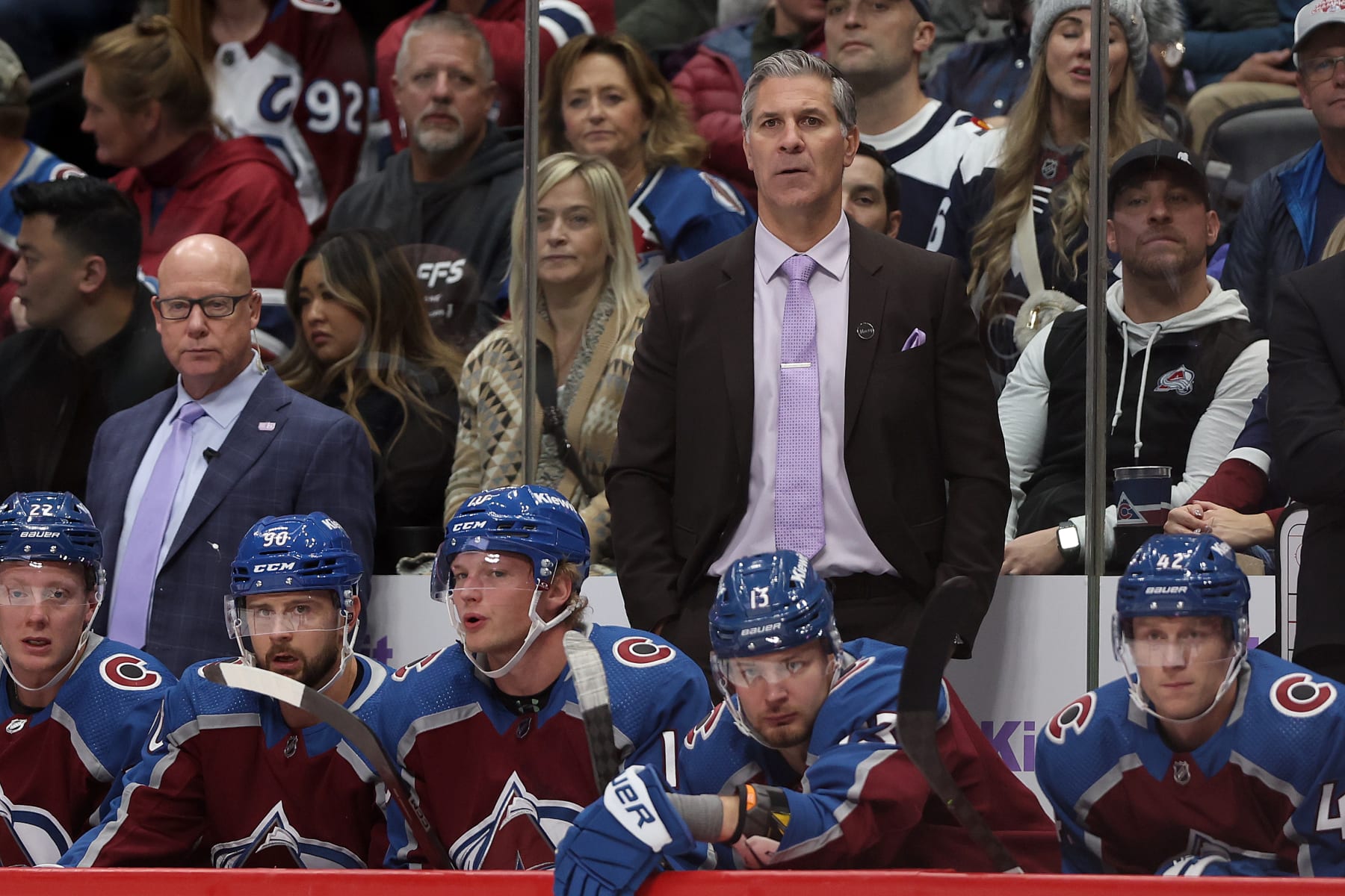 DENVER, COLORADO - NOVEMBER 09: Manager Jared Bednar of the Colorado Avalanche watches his team play against the Seattle Kraken in the first period at Ball Arena on November 09, 2023 in Denver, Colorado. (Photo by Matthew Stockman/Getty Images)