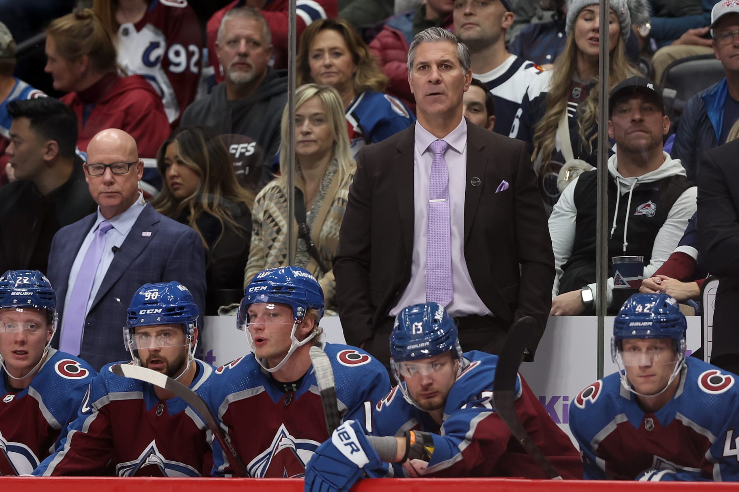 DENVER, COLORADO - NOVEMBER 09: Manager Jared Bednar of the Colorado Avalanche watches his team play against the Seattle Kraken in the first period at Ball Arena on November 09, 2023 in Denver, Colorado. (Photo by Matthew Stockman/Getty Images) DENVER, COLORADO - NOVEMBER 09: Manager Jared Bednar of the Colorado Avalanche watches his team play against the Seattle Kraken in the first period at Ball Arena on November 09, 2023 in Denver, Colorado. (Photo by Matthew Stockman/Getty Images)