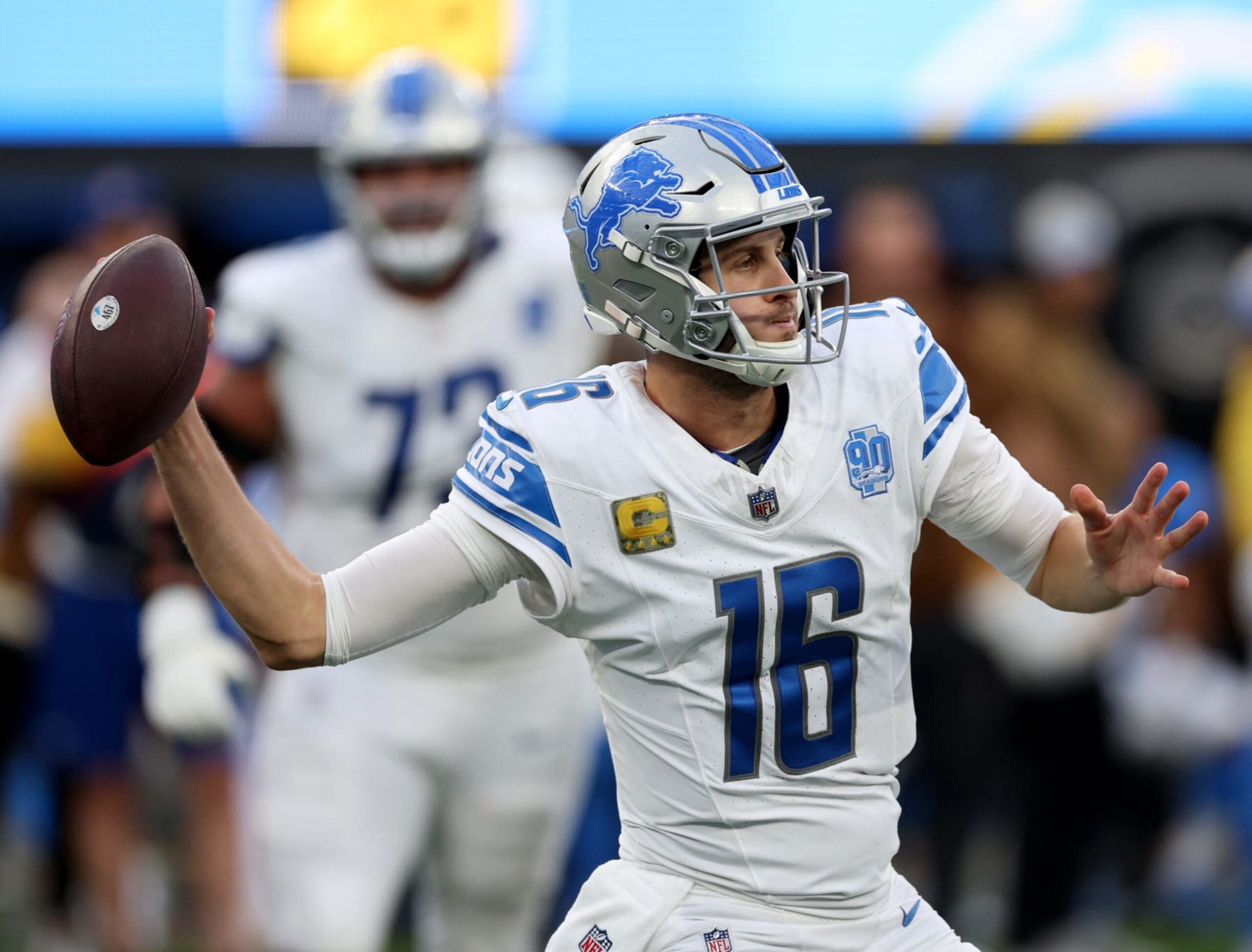 INGLEWOOD, CALIFORNIA - NOVEMBER 12: Jared Goff #16 of the Detroit Lions passes during a 41-38 Detroit Lions win at SoFi Stadium on November 12, 2023 in Inglewood, California. (Photo by Harry How/Getty Images)