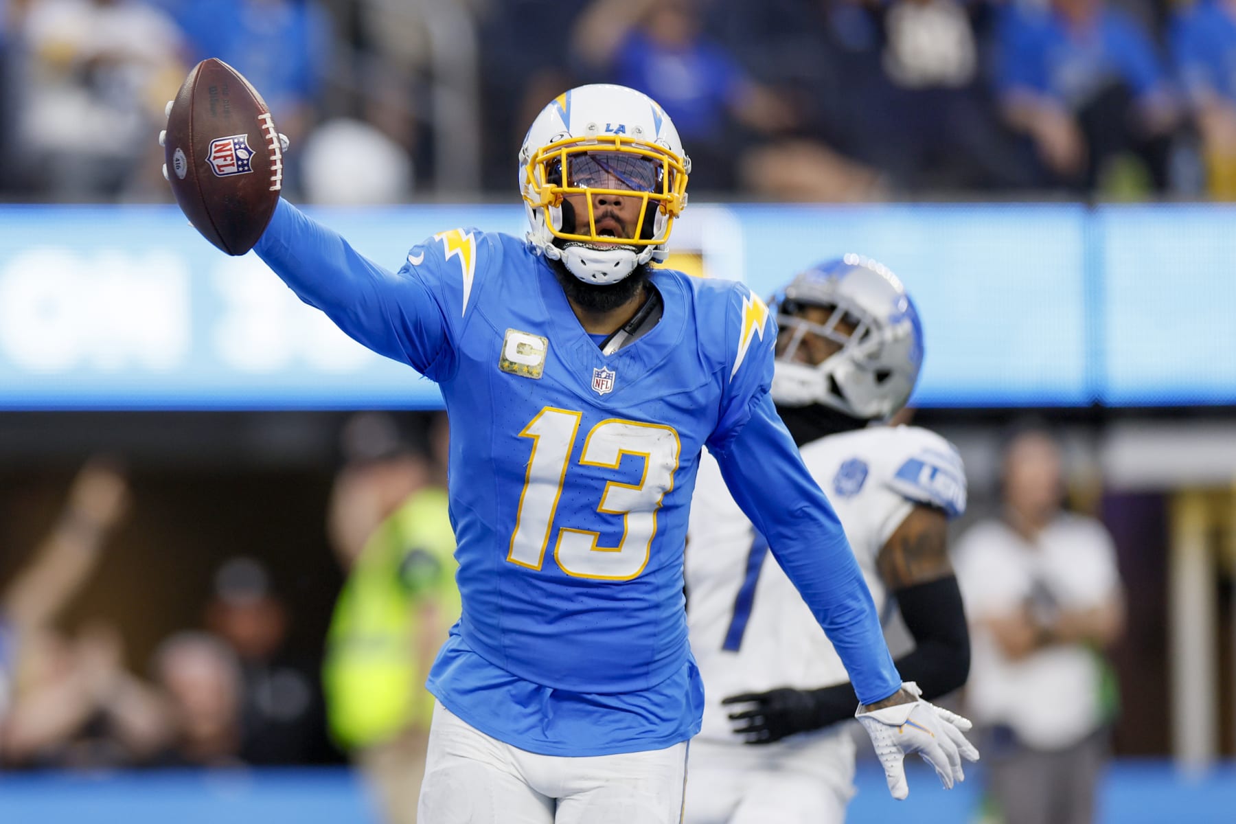 Inglewood, CA, Sunday, November 12, 2023 - Los Angeles Chargers wide receiver Keenan Allen (13) celebrates after scoring a fourth quarter touchdown against the Detroit Lions at SoFi Stadium. (Robert Gauthier/Los Angeles Times via Getty Images)