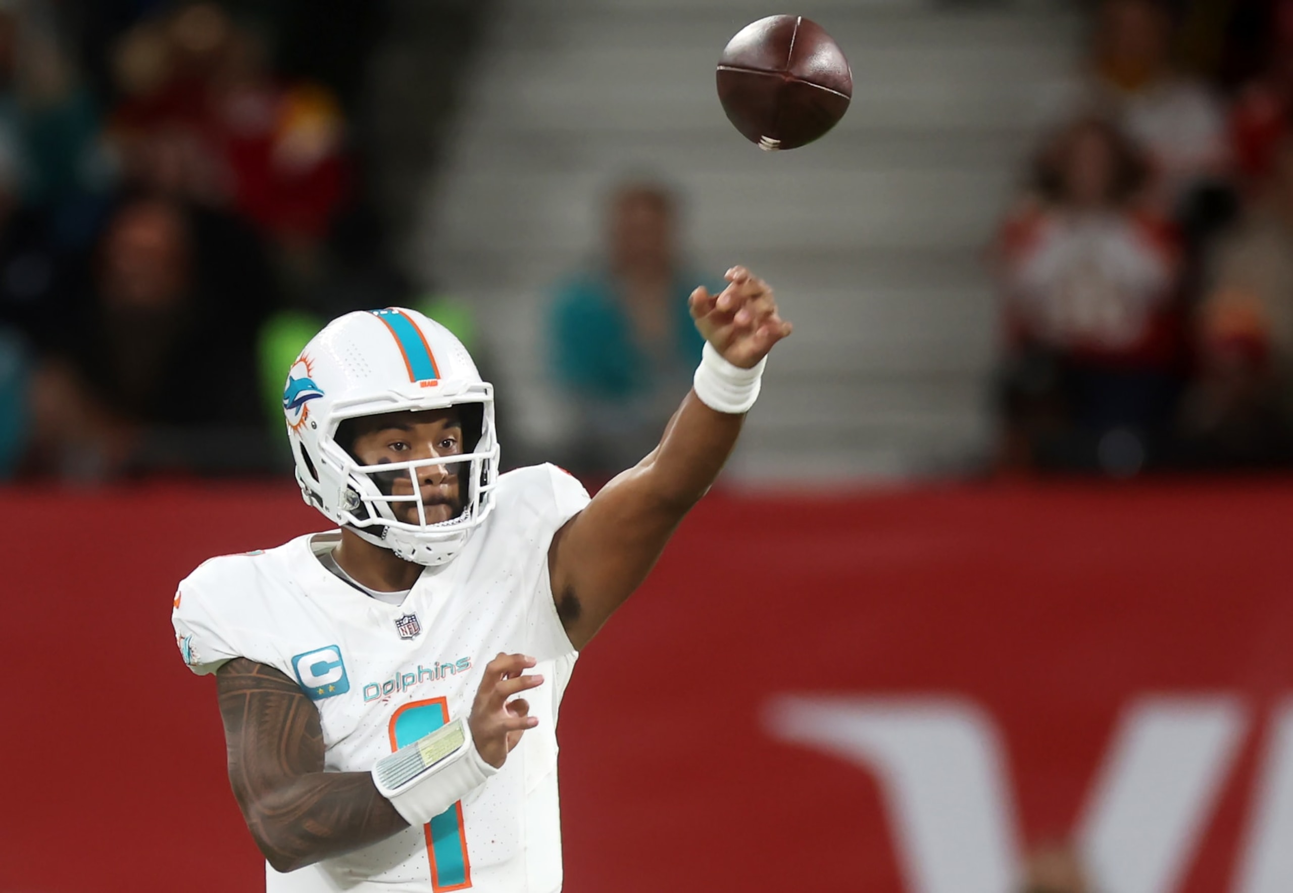 FRANKFURT AM MAIN, GERMANY - NOVEMBER 05: Tua Tagovailoa #1 of the Miami Dolphins throws a pass in the fourth quarter during the NFL match between Miami Dolphins and Kansas City Chiefs at Deutsche Bank Park on November 05, 2023 in Frankfurt am Main, Germany. (Photo by Alex Grimm/Getty Images)