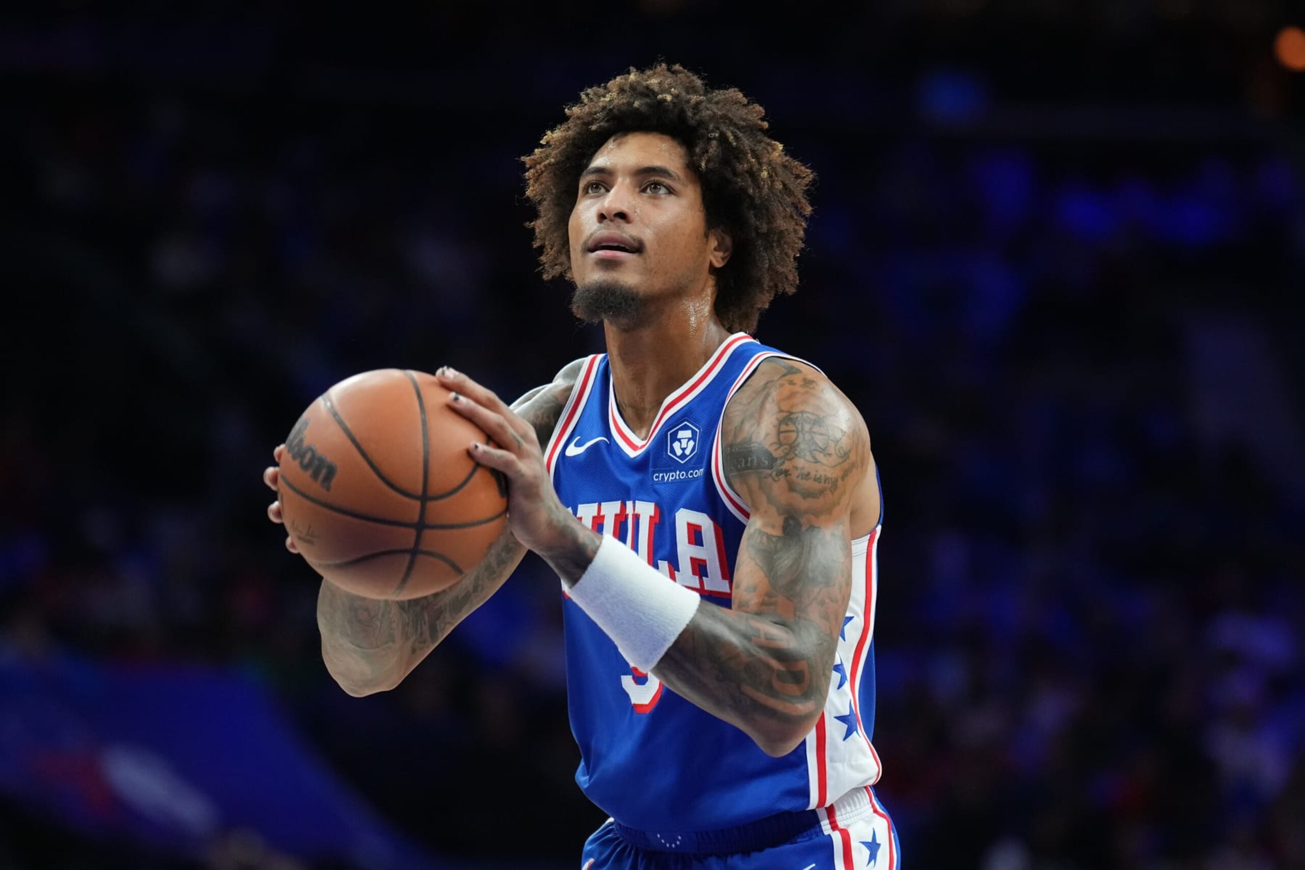 PHILADELPHIA, PA - OCTOBER 29: Kelly Oubre Jr. #9 of the Philadelphia 76ers shoots a free throw during the game against the Portland Trail Blazers on October 29, 2023 at the Wells Fargo Center in Philadelphia, Pennsylvania NOTE TO USER: User expressly acknowledges and agrees that, by downloading and/or using this Photograph, user is consenting to the terms and conditions of the Getty Images License Agreement. Mandatory Copyright Notice: Copyright 2023 NBAE (Photo by Jesse D. Garrabrant/NBAE via Getty Images)
