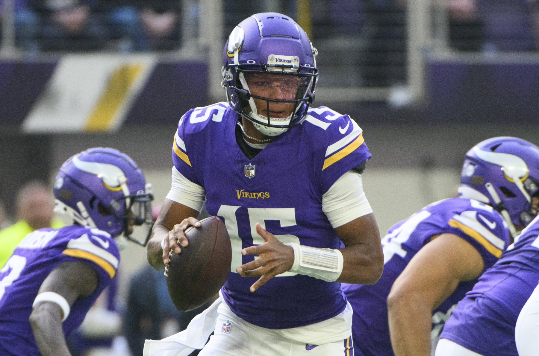 MINNEAPOLIS, MINNESOTA - NOVEMBER 12: Joshua Dobbs #15 of the Minnesota Vikings drops back with the ball in the first quarter of the game against the New Orleans Saints at U.S. Bank Stadium on November 12, 2023 in Minneapolis, Minnesota. (Photo by Stephen Maturen/Getty Images)