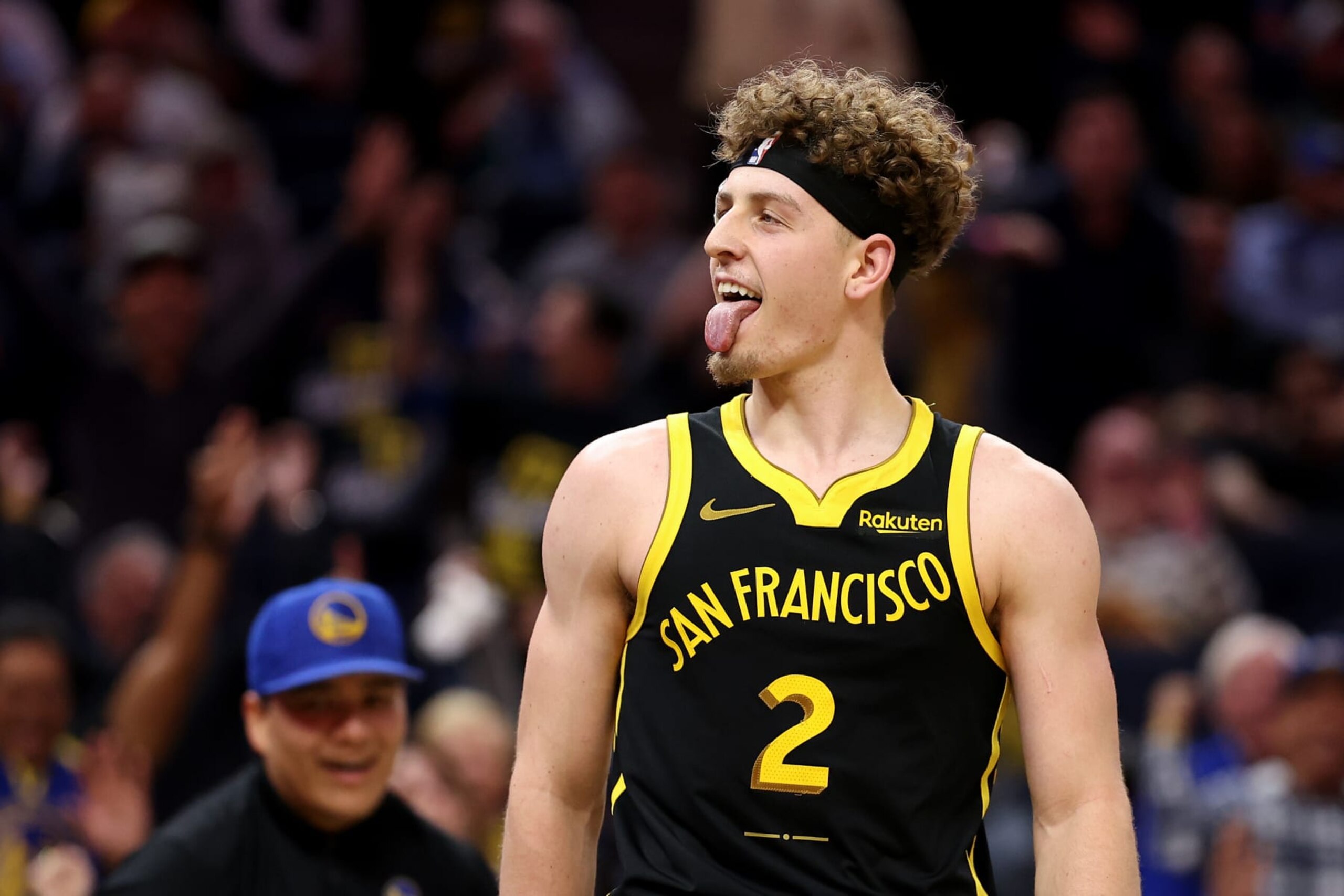 SAN FRANCISCO, CALIFORNIA - NOVEMBER 14: Brandin Podziemski #2 of the Golden State Warriors reacts after making a basket against the Minnesota Timberwolves at Chase Center on November 14, 2023 in San Francisco, California. NOTE TO USER: User expressly acknowledges and agrees that, by downloading and or using this photograph, User is consenting to the terms and conditions of the Getty Images License Agreement.  (Photo by Ezra Shaw/Getty Images)