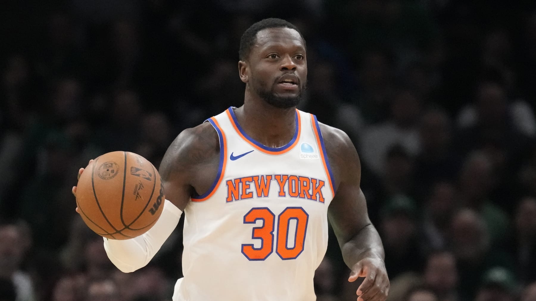 New York Knicks forward Julius Randle (30) during an NBA basketball game, Monday, Nov. 13, 2023, in Boston. (AP Photo/Charles Krupa)