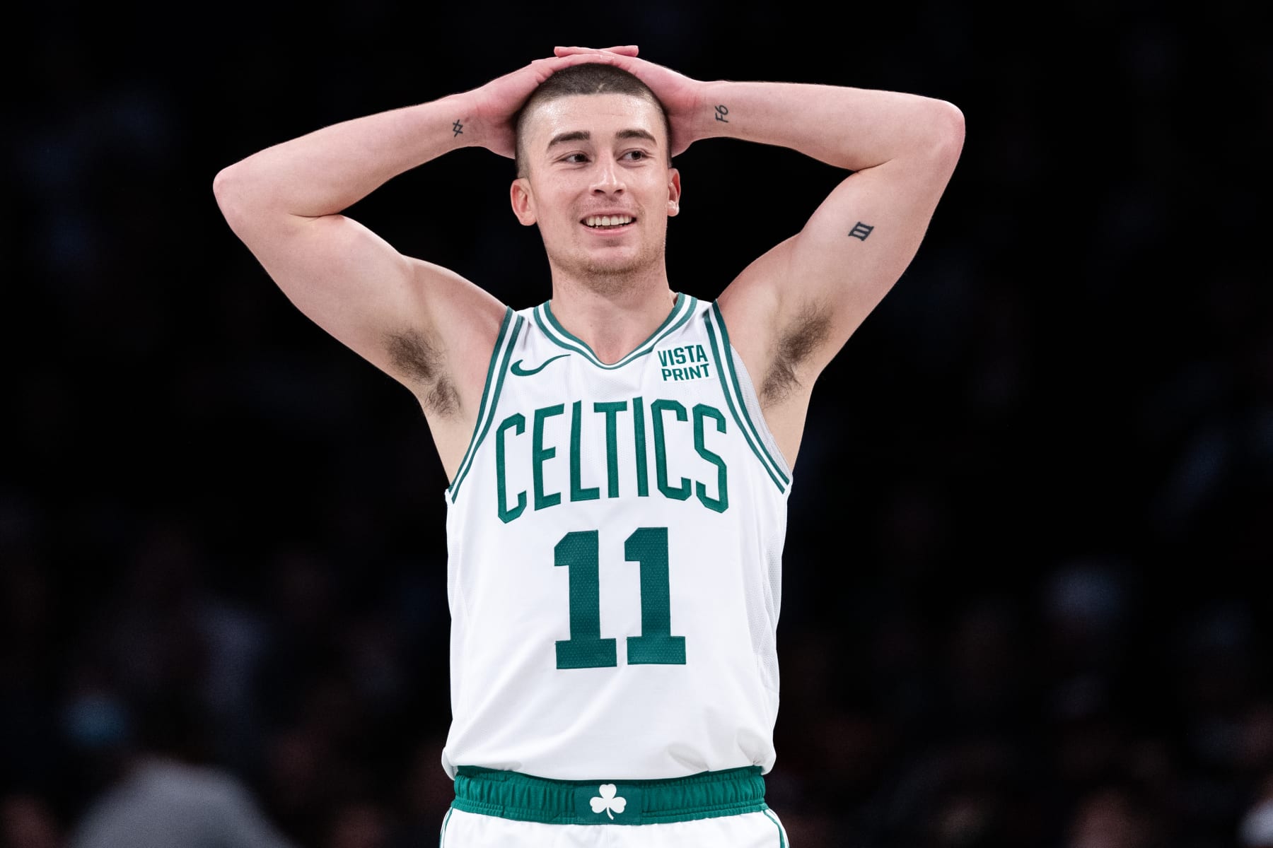 NEW YORK, NEW YORK - NOVEMBER 04: Payton Pritchard #11 of the Boston Celtics reacts during the first quarter of the game against the Brooklyn Nets at Barclays Center on November 04, 2023 in New York City. NOTE TO USER: User expressly acknowledges and agrees that, by downloading and or using this photograph, User is consenting to the terms and conditions of the Getty Images License Agreement. (Photo by Dustin Satloff/Getty Images)