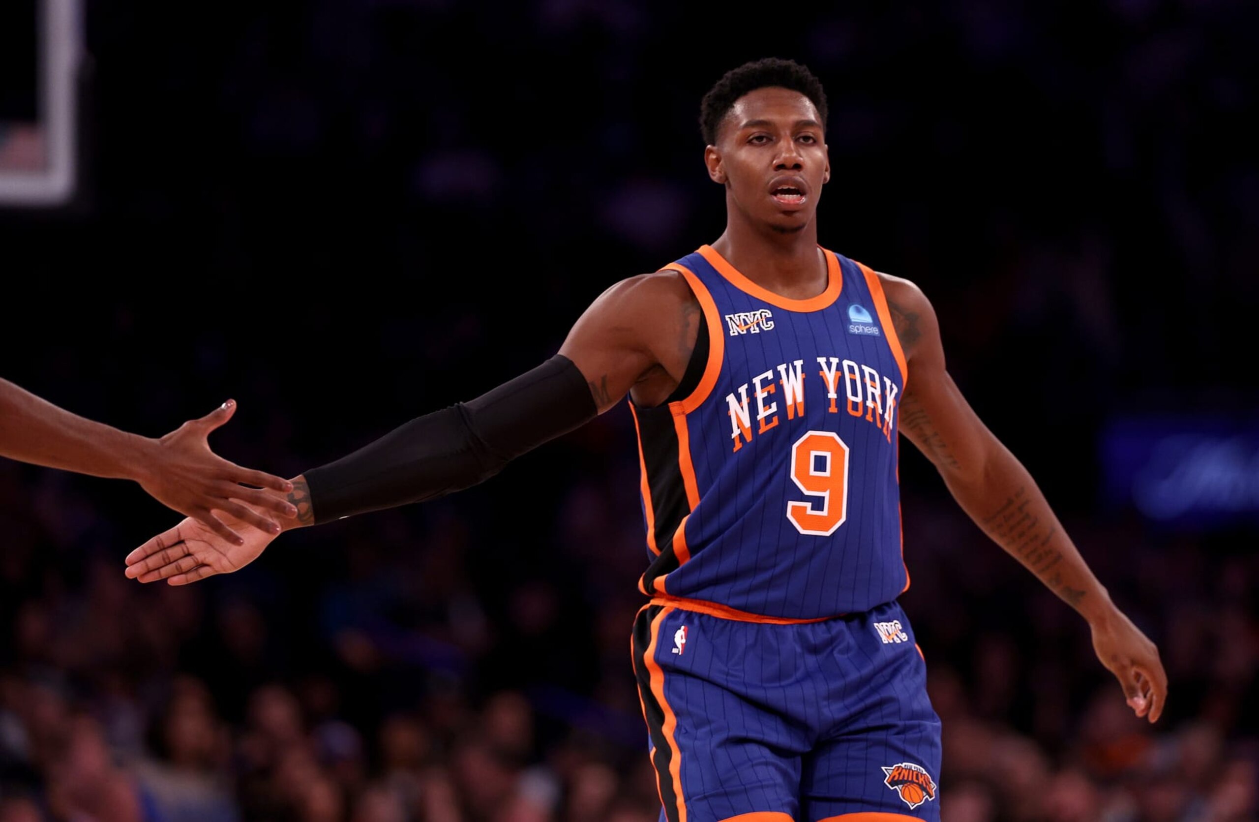 NEW YORK, NEW YORK - NOVEMBER 12: RJ Barrett #9 of the New York Knicks celebrates his shot during the first half against the Charlotte Hornets at Madison Square Garden on November 12, 2023 in New York City. NOTE TO USER: User expressly acknowledges and agrees that, by downloading and or using this photograph, User is consenting to the terms and conditions of the Getty Images License Agreement. (Photo by Elsa/Getty Images)