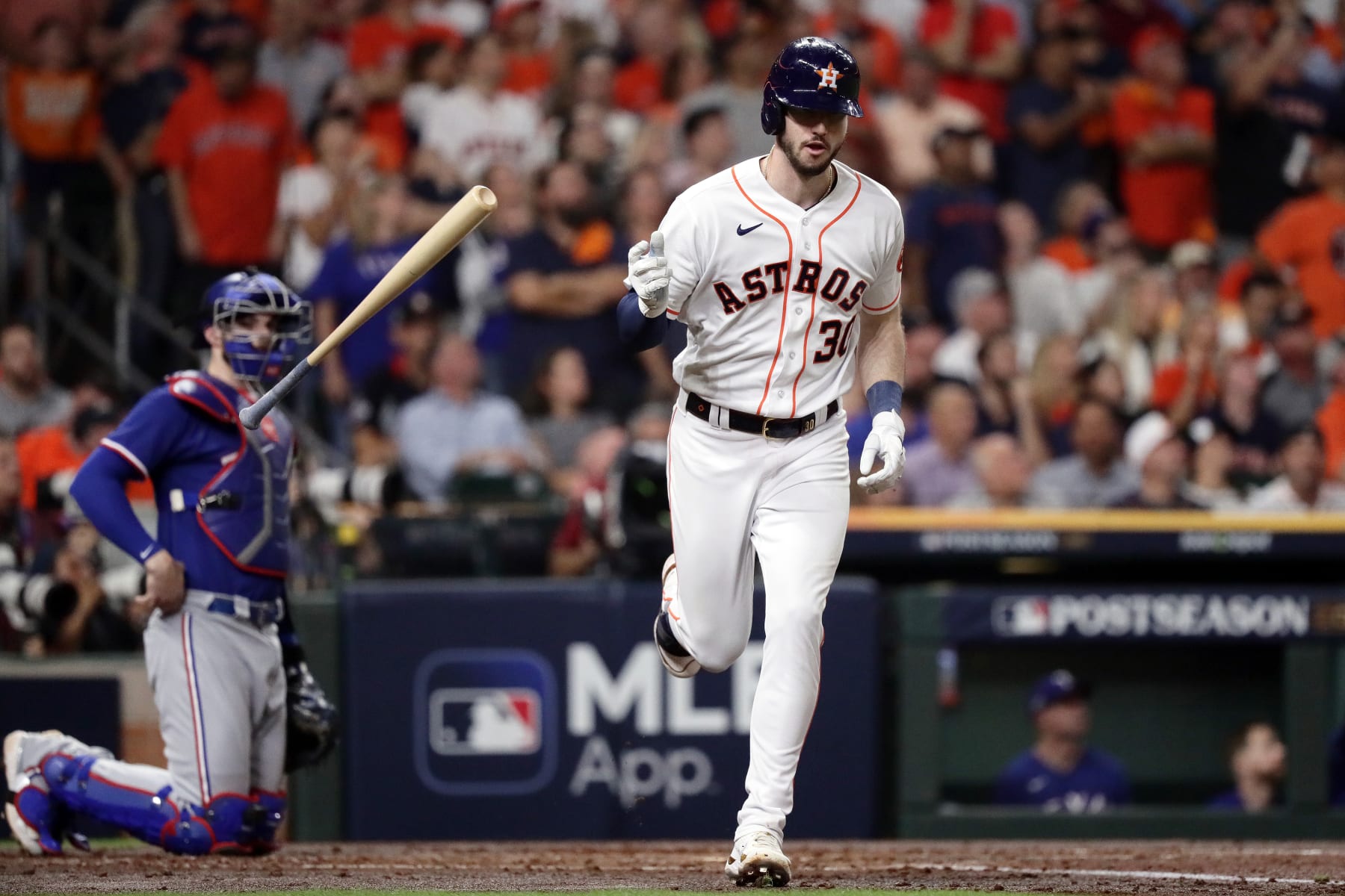 HOUSTON, TEXAS - OCTOBER 23: Kyle Tucker #30 of the Houston Astros reacts after fly out against the Texas Rangers during the second inning in Game Seven of the American League Championship Series at Minute Maid Park on October 23, 2023 in Houston, Texas. (Photo by Bob Levey/Getty Images)