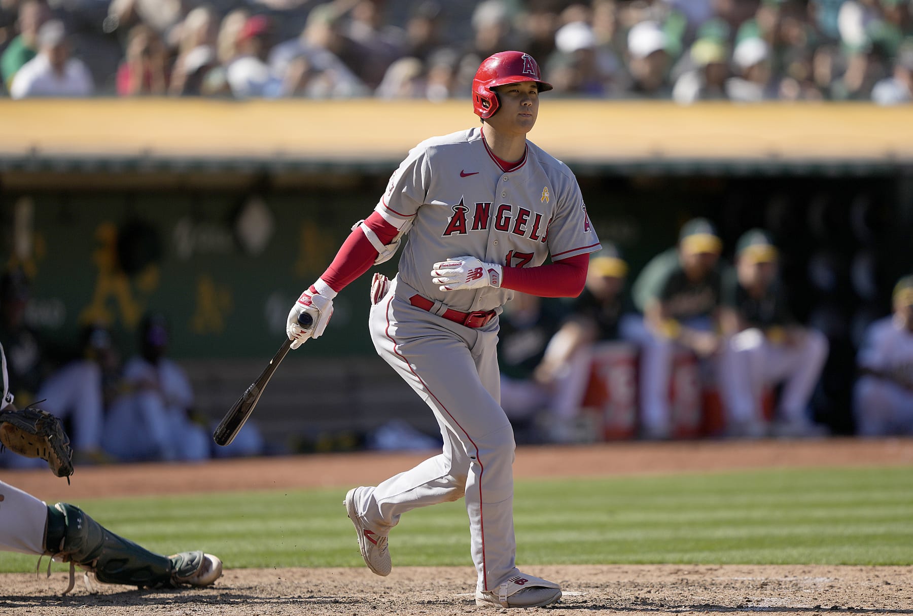 OAKLAND, CALIFORNIA - SEPTEMBER 03: Shohei Ohtani #17 of the Los Angeles Angels strikes out swinging against the Oakland Athletics in the top of the ninth inning at RingCentral Coliseum on September 03, 2023 in Oakland, California. (Photo by Thearon W. Henderson/Getty Images)