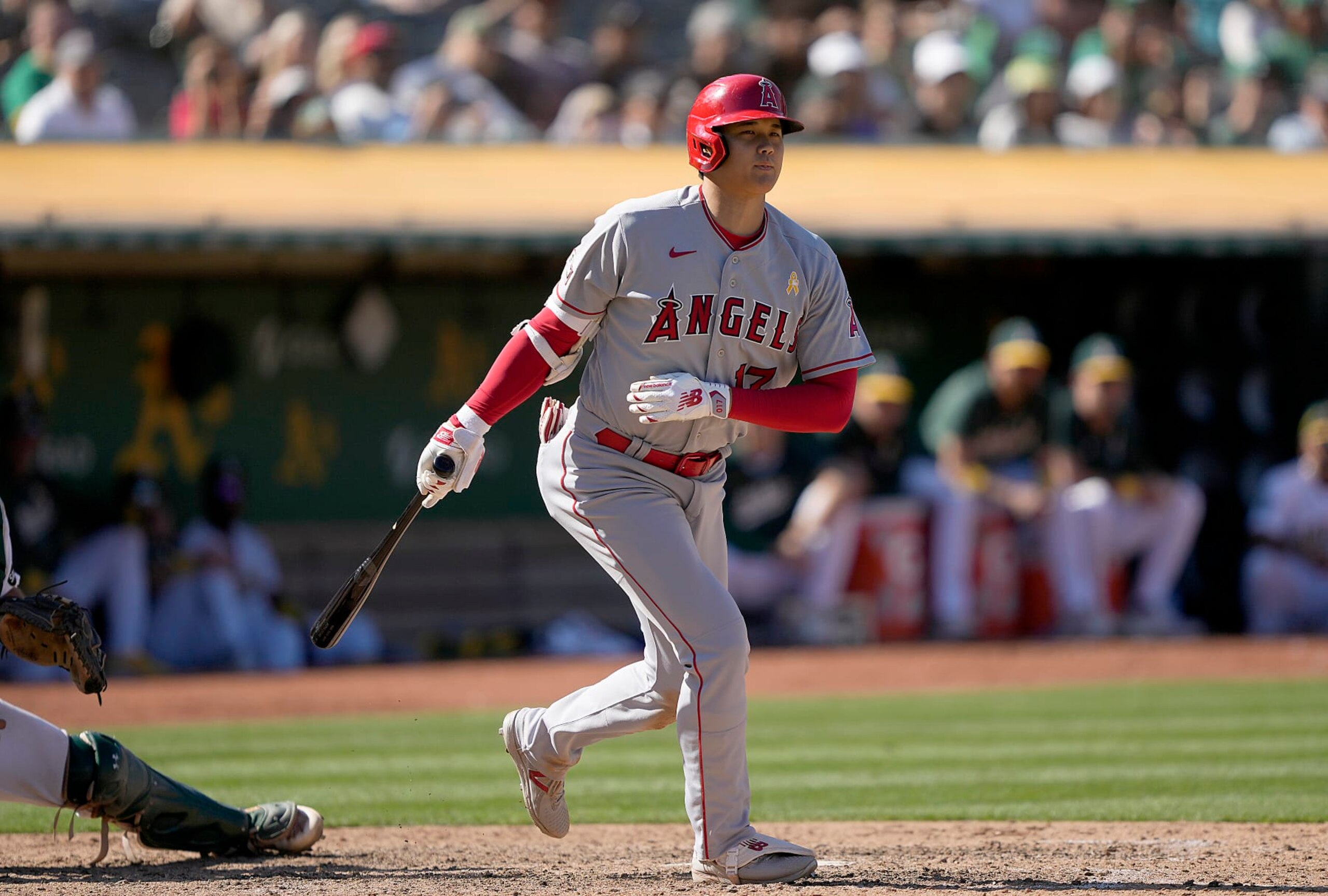 OAKLAND, CALIFORNIA - SEPTEMBER 03: Shohei Ohtani #17 of the Los Angeles Angels strikes out swinging against the Oakland Athletics in the top of the ninth inning at RingCentral Coliseum on September 03, 2023 in Oakland, California. (Photo by Thearon W. Henderson/Getty Images)
