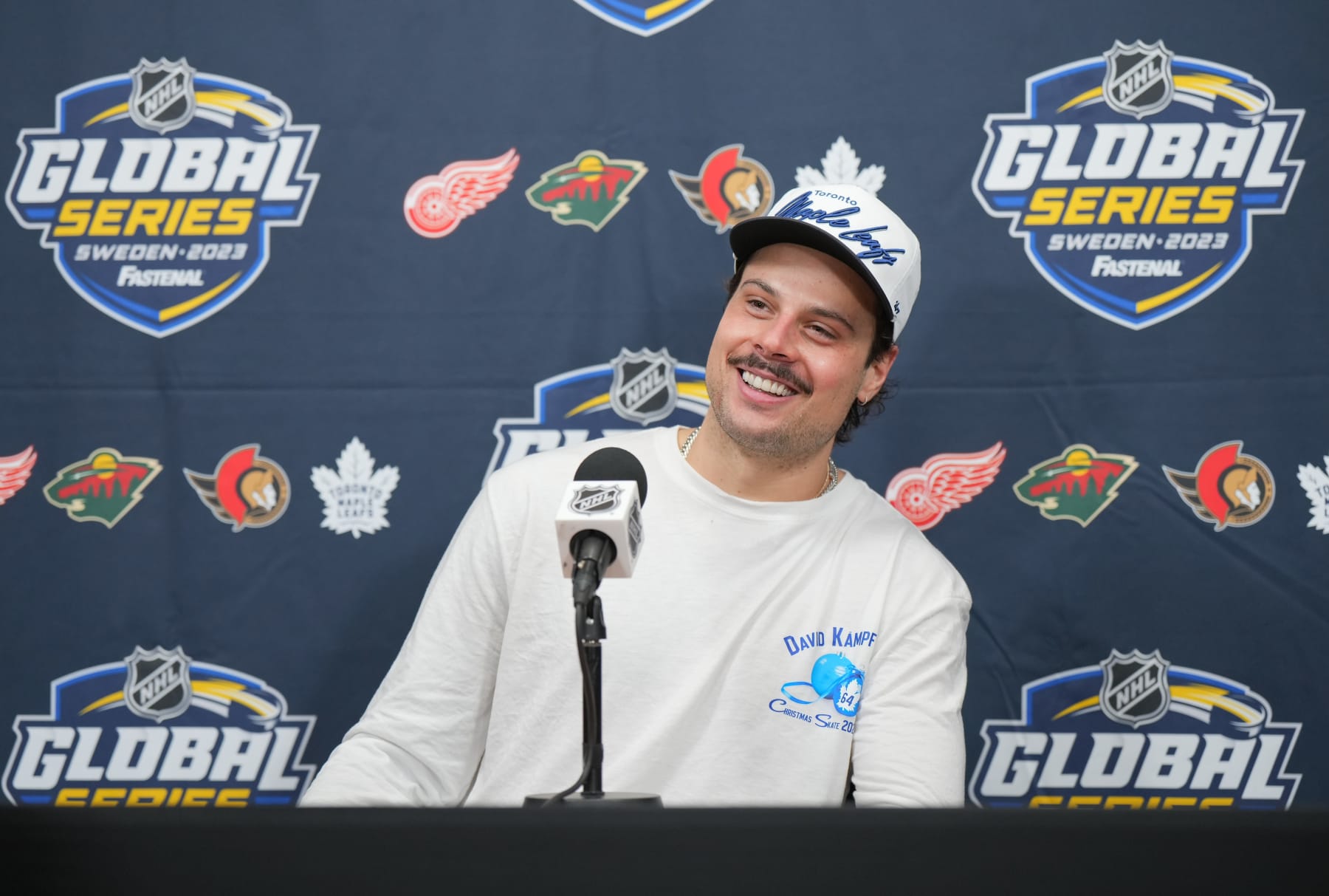 STOCKHOLM, SWEDEN - NOVEMBER 15:  Auston Matthews #34 of the Toronto Maple Leafs speaks during media availability ahead of the 2023 NHL Global Series at Avicii Arena on November 15, 2023 in Stockholm, Sweden.  (Photo by André Ringuette/NHLI via Getty Images)