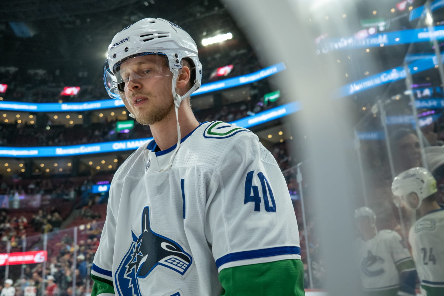 MONTREAL, QC - NOVEMBER 12: Elias Pettersson (40) of the Vancouver Canucks looks on during the warmup period of the NHL game between the Vancouver Canucks  and the Montreal Canadiens on November 12 2023, at the Bell Centre in Montreal, QC(Photo by Vincent Ethier/Icon Sportswire via Getty Images)