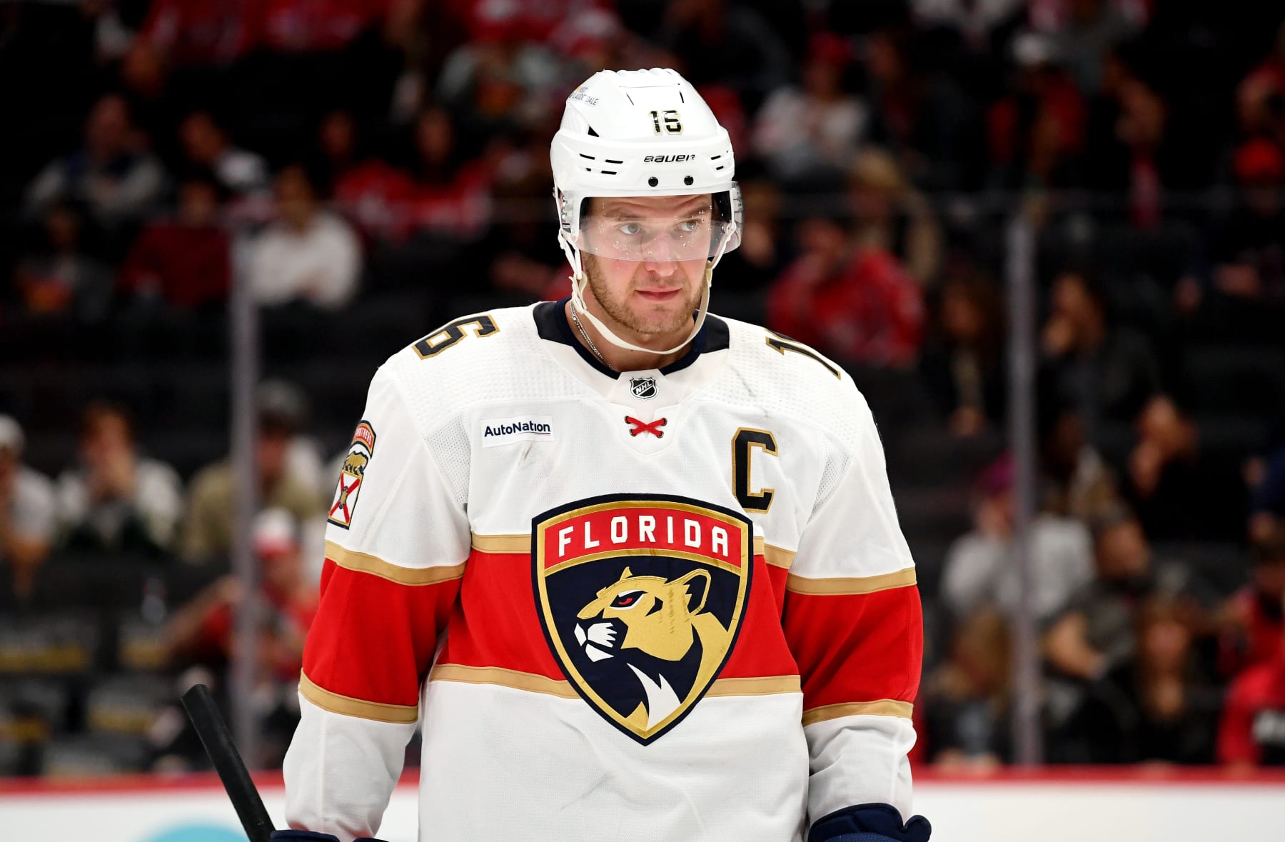 WASHINGTON, DC - NOVEMBER 08: Panthers center Aleksander Barkov (16) waits for a face-off during the Florida Panthers versus Washington Capitals National Hockey League game on November 8, 2023 at Capital One Arena in Washington, D.C.. (Photo by Randy Litzinger/Icon Sportswire via Getty Images)