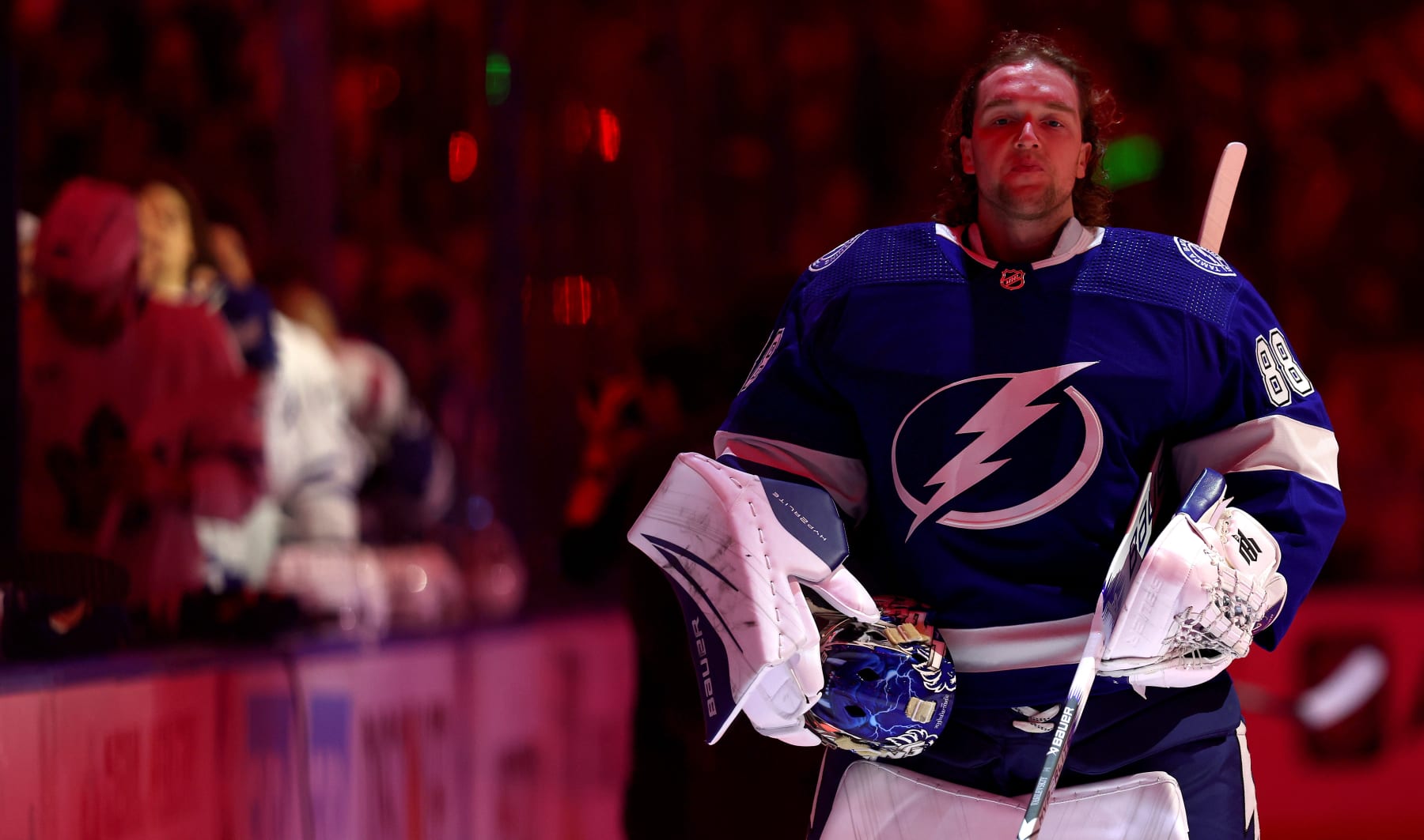 TAMPA, FLORIDA - APRIL 24: Andrei Vasilevskiy #88 of the Tampa Bay Lightning looks on during  Game Four of the First Round of the 2023 Stanley Cup Playoffs against the Toronto Maple Leafs at Amalie Arena on April 24, 2023 in Tampa, Florida. (Photo by Mike Ehrmann/Getty Images)