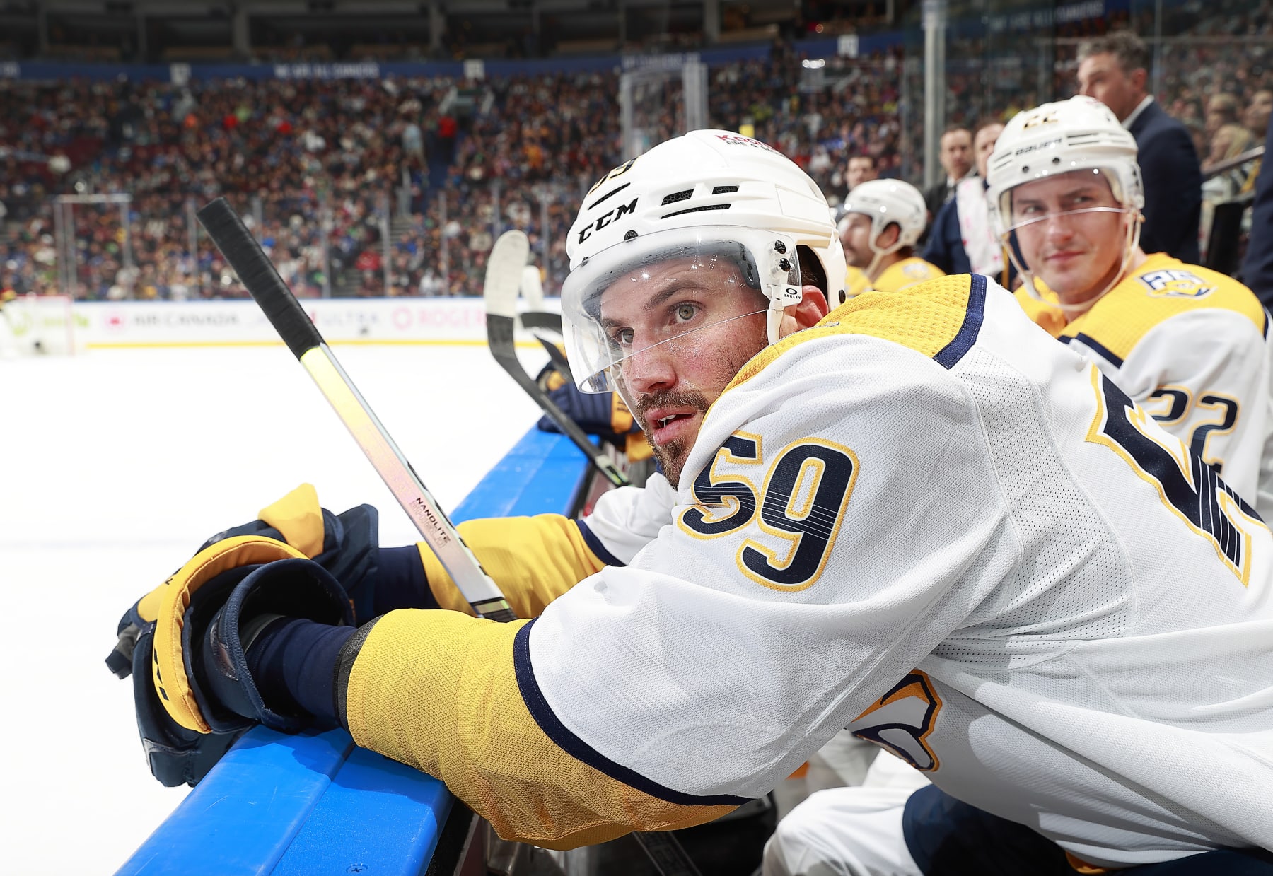 VANCOUVER, CANADA - OCTOBER 31: Roman Josi #59 of the Nashville Predators looks on from the bench during their NHL game against the Vancouver Canucks at Rogers Arena October 31, 2023 in Vancouver, British Columbia, Canada.  (Photo by Jeff Vinnick/NHLI via Getty Images)