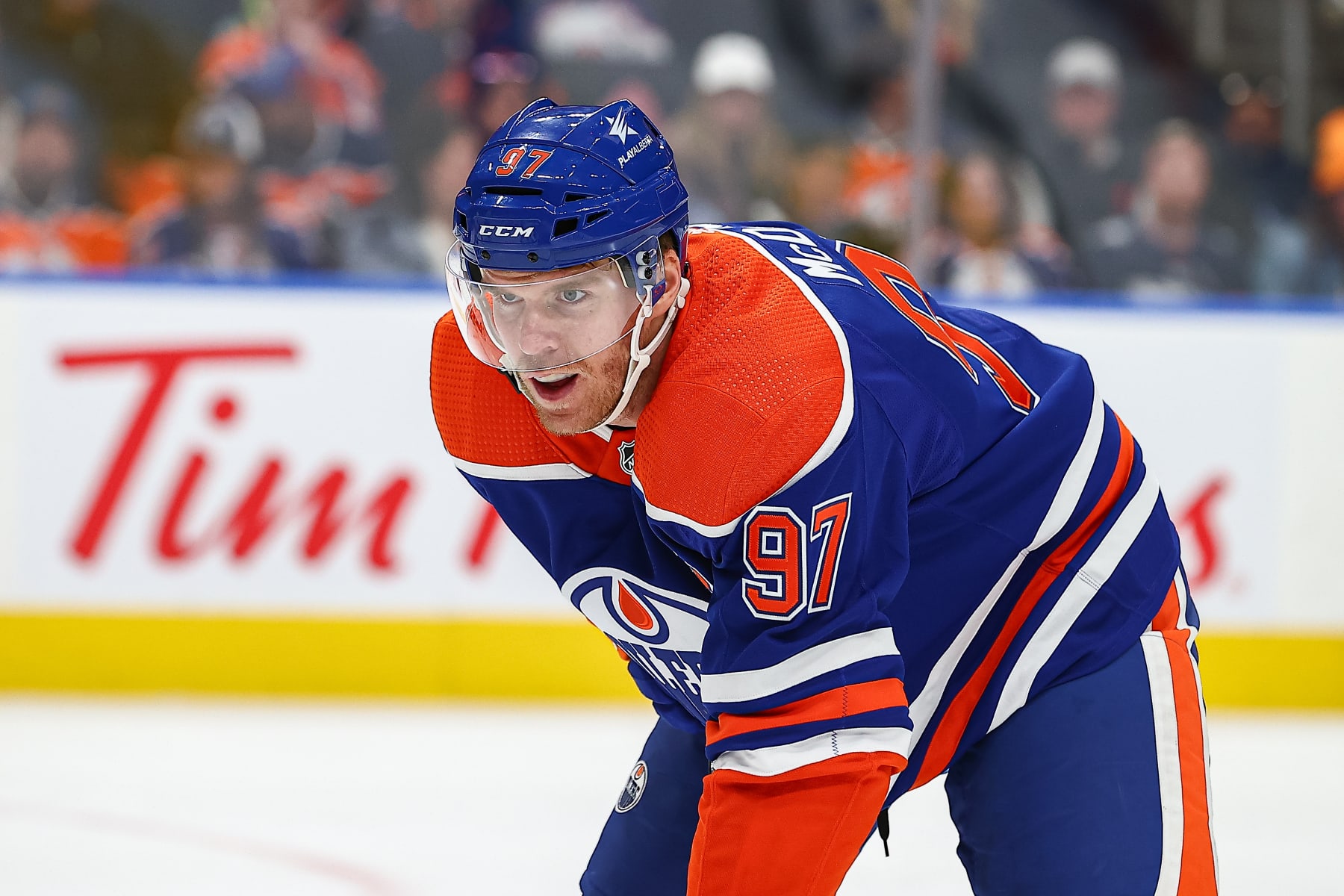 EDMONTON, AB - NOVEMBER 13: Edmonton Oilers Center Connor McDavid (97) smiles in the third period of the Edmonton Oilers game versus the New York Islanders on November 13, 2023 at Rogers Place in Edmonton, AB. (Photo by Curtis Comeau/Icon Sportswire via Getty Images)