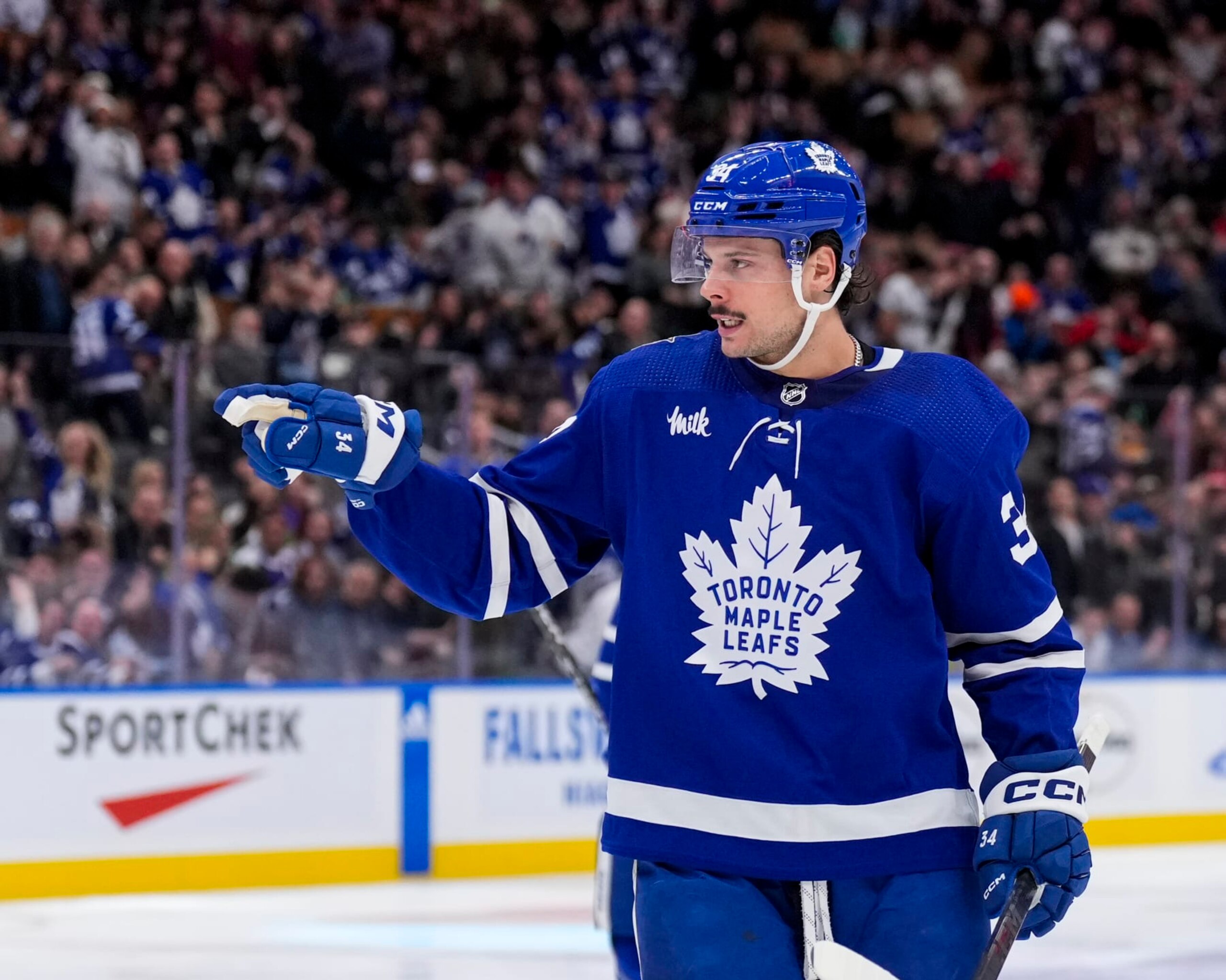 TORONTO, ON - NOVEMBER 6: Auston Matthews #34 of the Toronto Maple Leafs celebrates scoring against the Tampa Bay Lightning during the second period at Scotiabank Arena on November 6, 2023 in Toronto, Ontario, Canada.  (Photo by Kevin Sousa/NHLI via Getty Images)