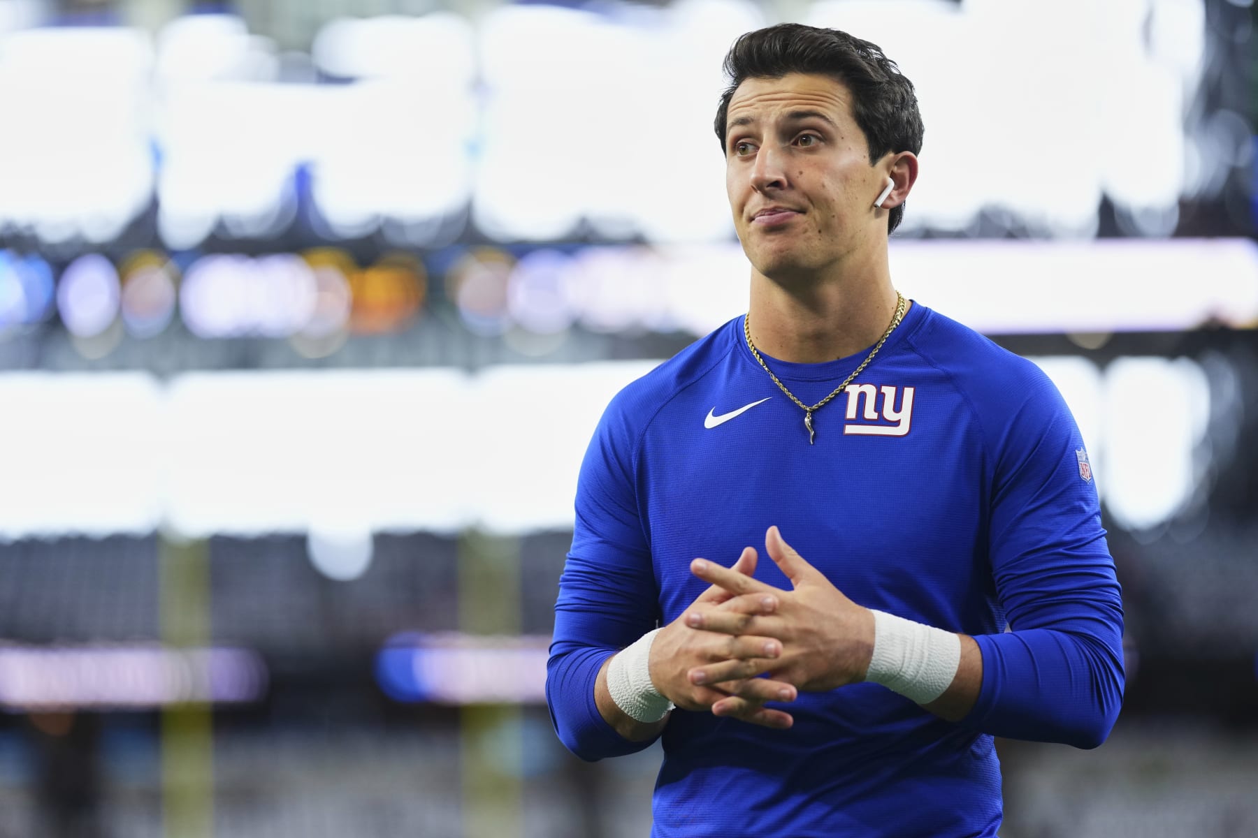 ARLINGTON, TX - NOVEMBER 12: Tommy DeVito #15 of the New York Giants warms up before kickoff against the Dallas Cowboys at AT&T Stadium on November 12, 2023 in Arlington, Texas. (Photo by Cooper Neill/Getty Images)