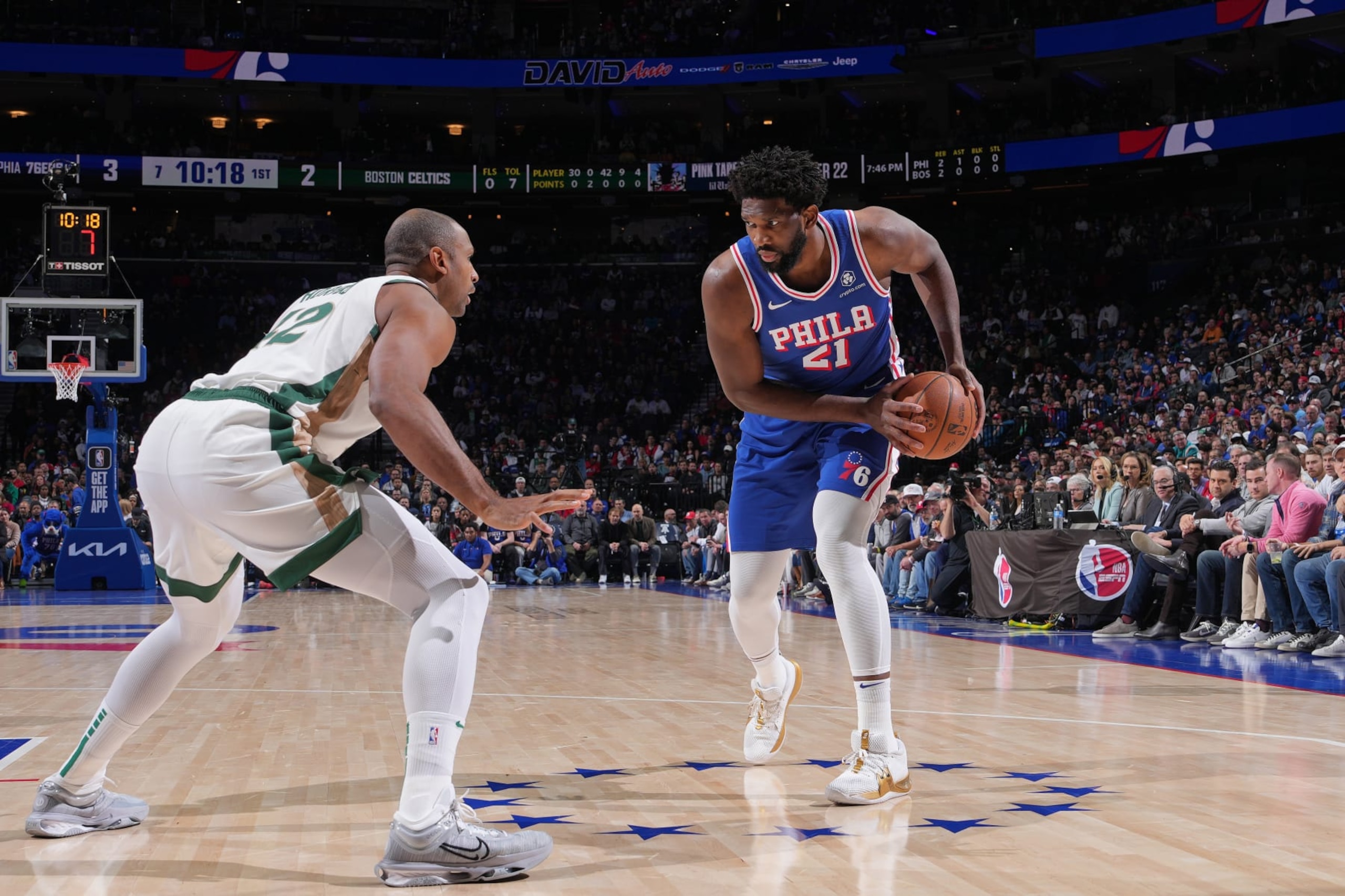 PHILADELPHIA, PA - NOVEMBER 15: Joel Embiid #21 of the Philadelphia 76ers dribbles the ball during the game against the Boston Celtics on November 15, 2023 at the Wells Fargo Center in Philadelphia, Pennsylvania NOTE TO USER: User expressly acknowledges and agrees that, by downloading and/or using this Photograph, user is consenting to the terms and conditions of the Getty Images License Agreement. Mandatory Copyright Notice: Copyright 2023 NBAE (Photo by Jesse D. Garrabrant/NBAE via Getty Images)